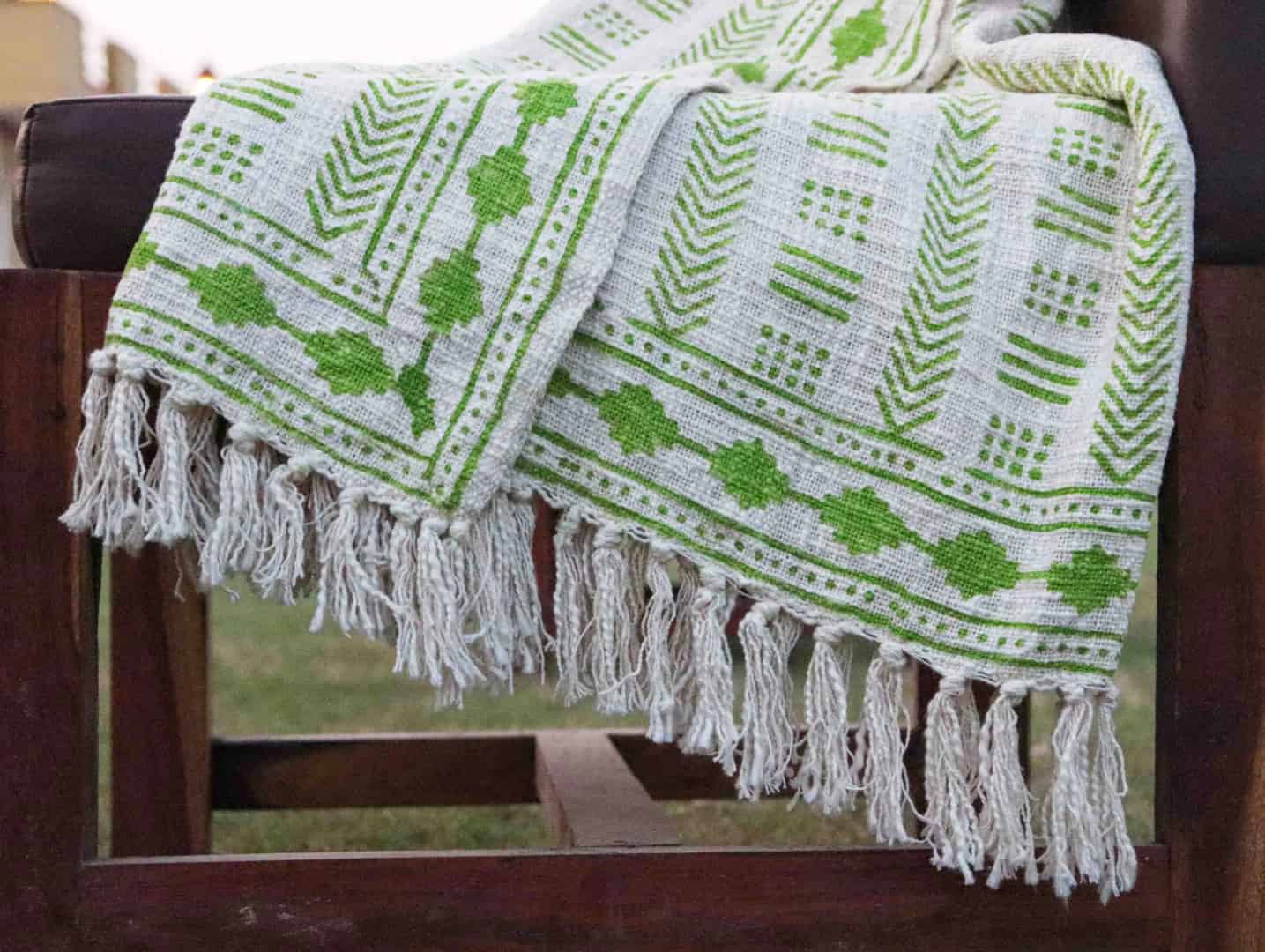 White Handmade Cotton Jute Rug With Green Design Throw Blanket And White Fringes Blanket Vintage Home Decor Blanket Boho Ethnic Beach Towel Hand Block Printed Throws - Image 3