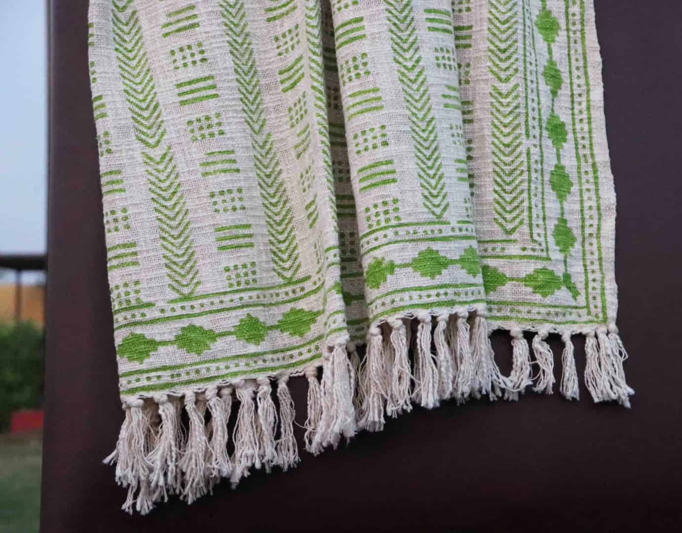 White Handmade Cotton Jute Rug With Green Design Throw Blanket And White Fringes Blanket Vintage Home Decor Blanket Boho Ethnic Beach Towel Hand Block Printed Throws - Image 5