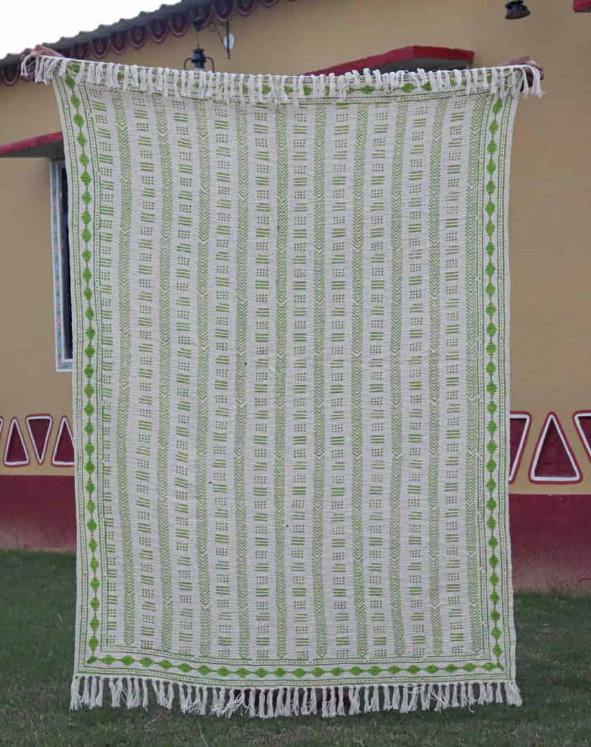 White Handmade Cotton Jute Rug With Green Design Throw Blanket And White Fringes Blanket Vintage Home Decor Blanket Boho Ethnic Beach Towel Hand Block Printed Throws - Image 1