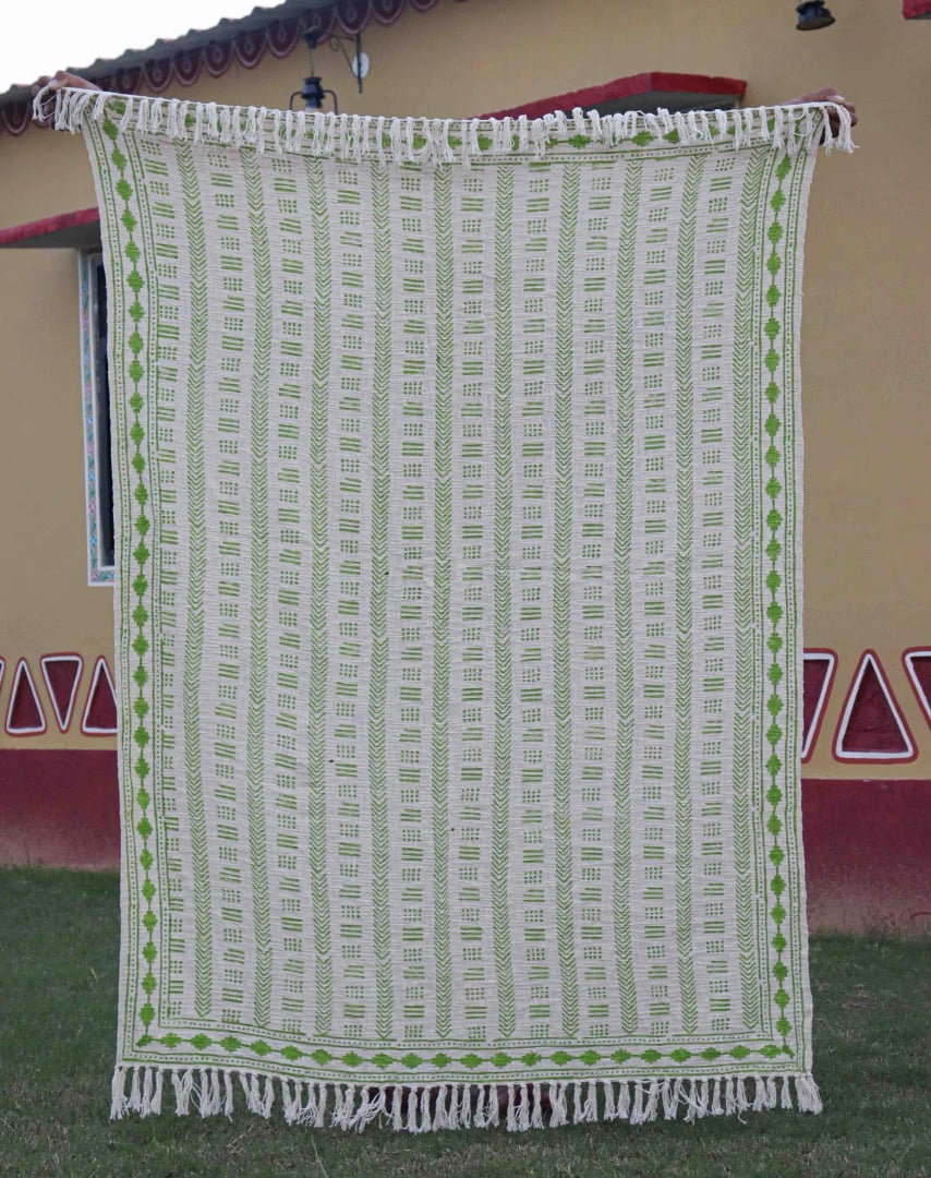 White Handmade Cotton Jute Rug With Green Design Throw Blanket And White Fringes Blanket Vintage Home Decor Blanket Boho Ethnic Beach Towel Hand Block Printed Throws