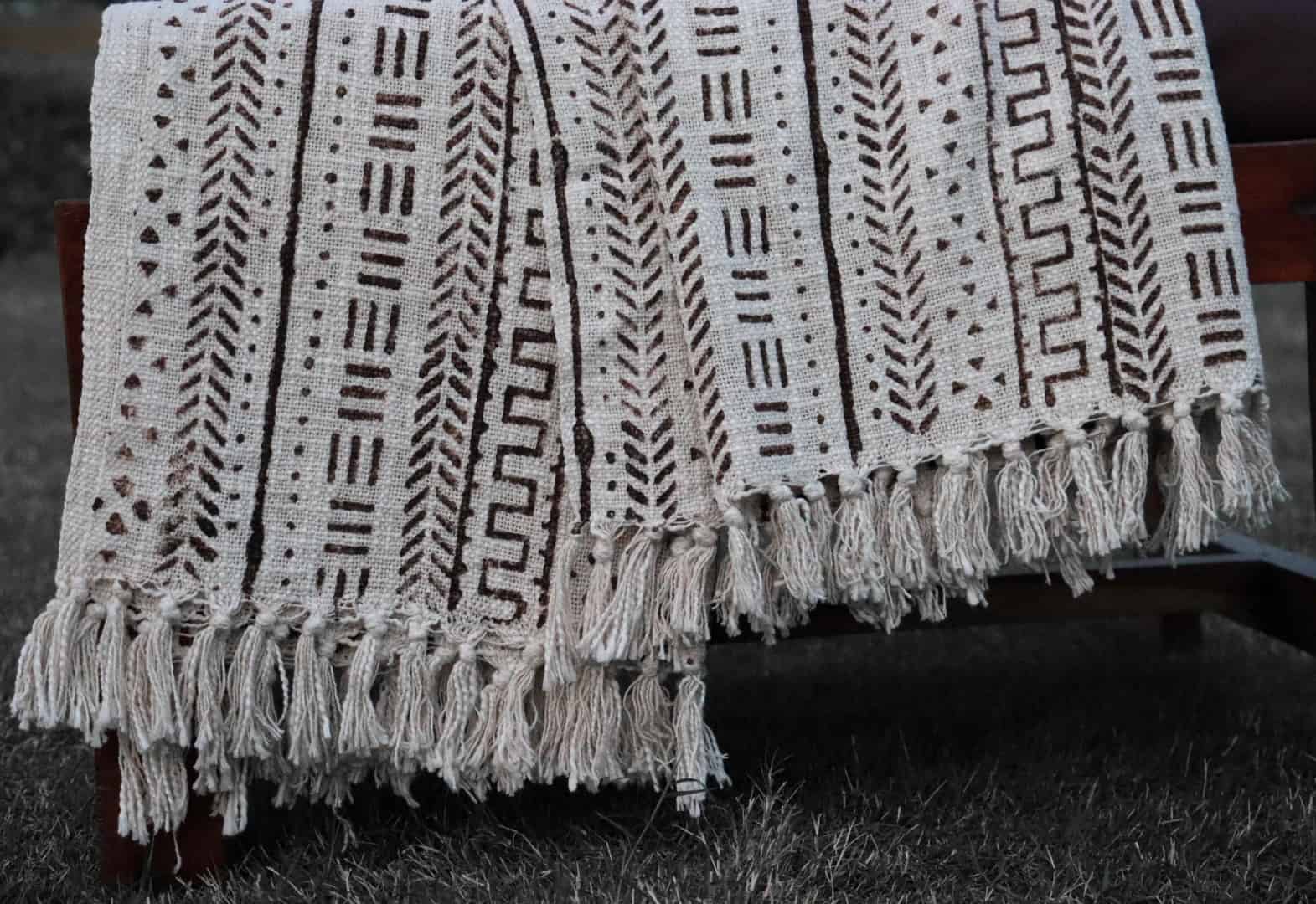 Handmade White Soft Cotton Throw Blanket With Black Design Blanket And White Fringes Cotton Throw Blanket Hand Loom Blanket Boho Block Print Bed Throw Linen with Tassels - Image 2