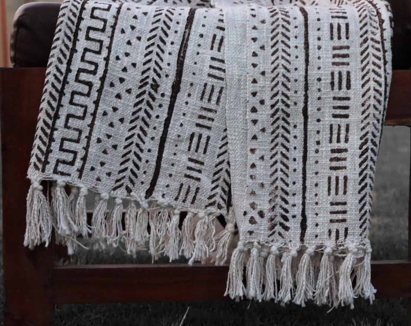 Handmade White Soft Cotton Throw Blanket With Black Design Blanket And White Fringes Cotton Throw Blanket Hand Loom Blanket Boho Block Print Bed Throw Linen with Tassels - Image 3