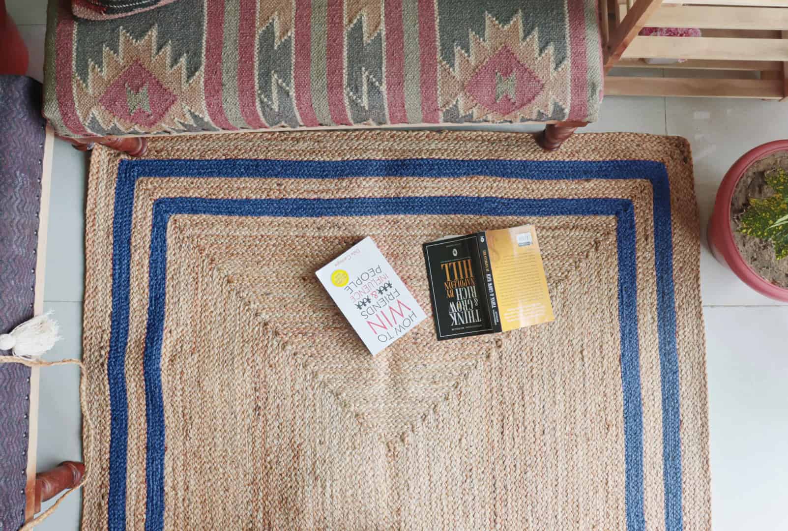 Hand Braided Rectangle Jute Rug Beige With Light Blue Double Border Jute Rug - Image 6