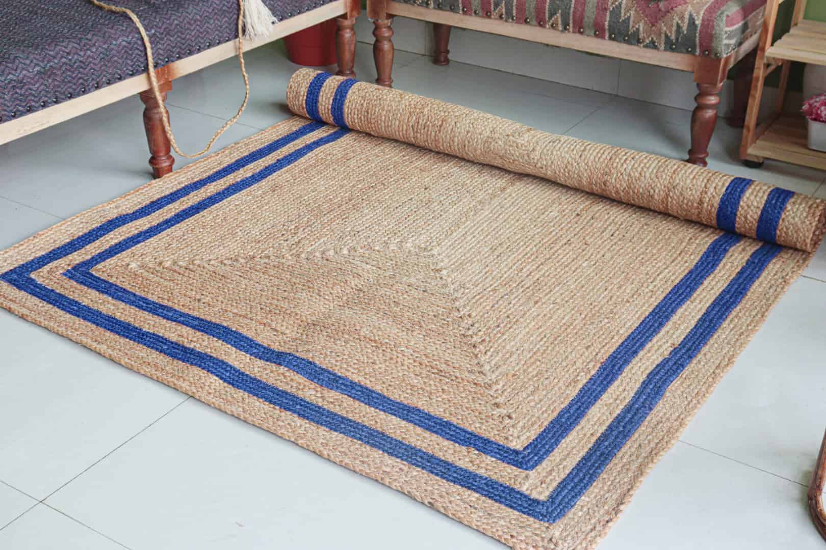 Hand Braided Rectangle Jute Rug Beige With Light Blue Double Border Jute Rug - Image 3