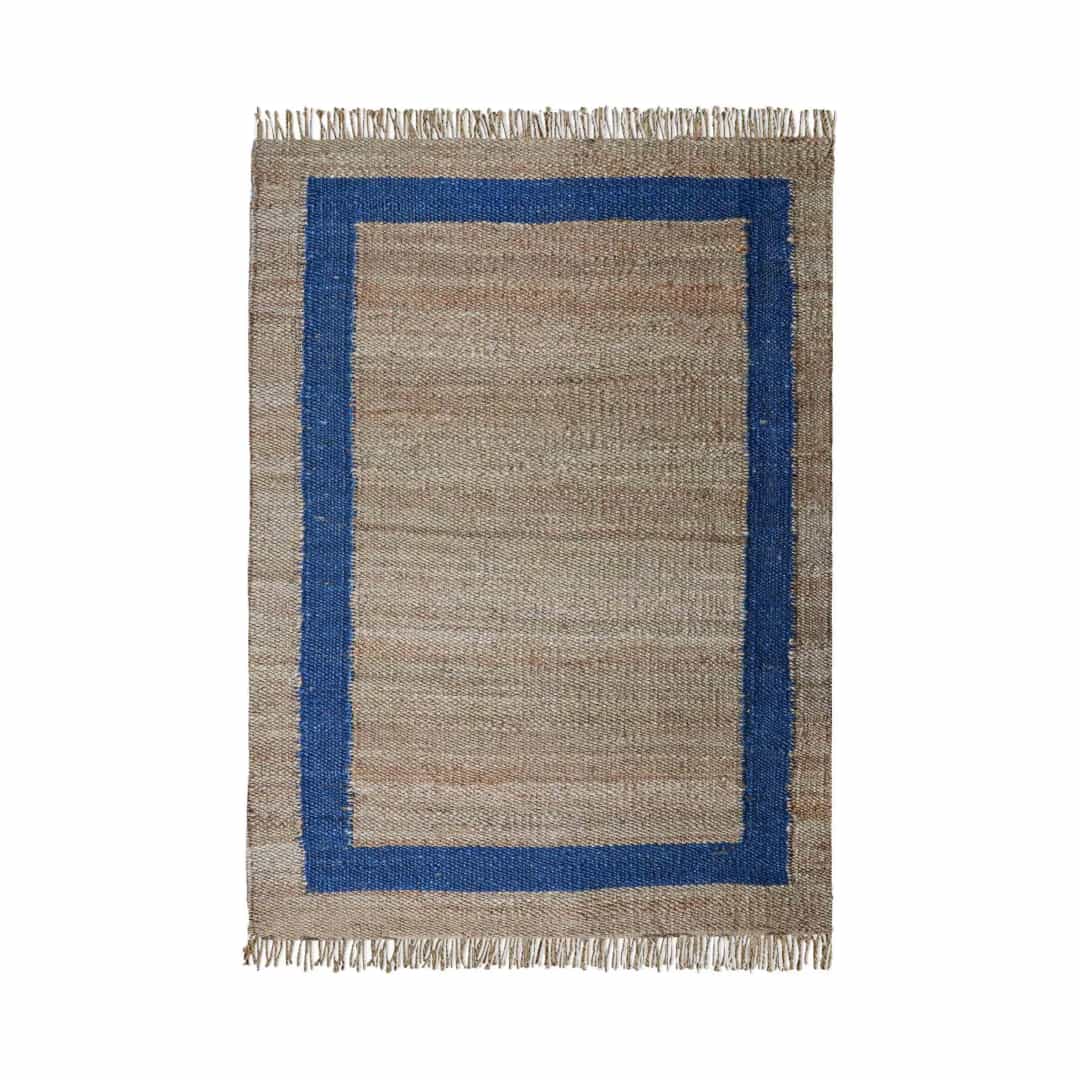 Handmade Natural Jute Hemp Rug With Blue Border Stair Decor Hemp Hand Loomed Handwoven Rugs Throw Carpet Home Decor Hemp Rug For Living Home Decor Rug - Image 1