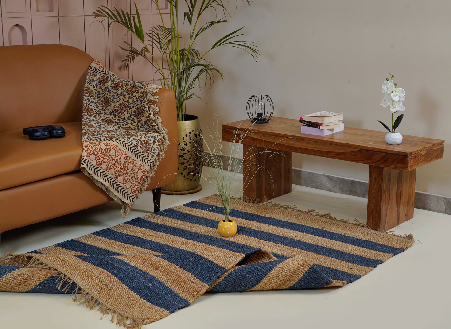 Indian Handmade Beige Hemp Jute Rug With Blue Stripes Beautiful Home and Living Decor Hemp Carpet Hemp Rug for Bedroom Decor Jute Large Area Rug Living Decor Rug Fringes Jute Rug
