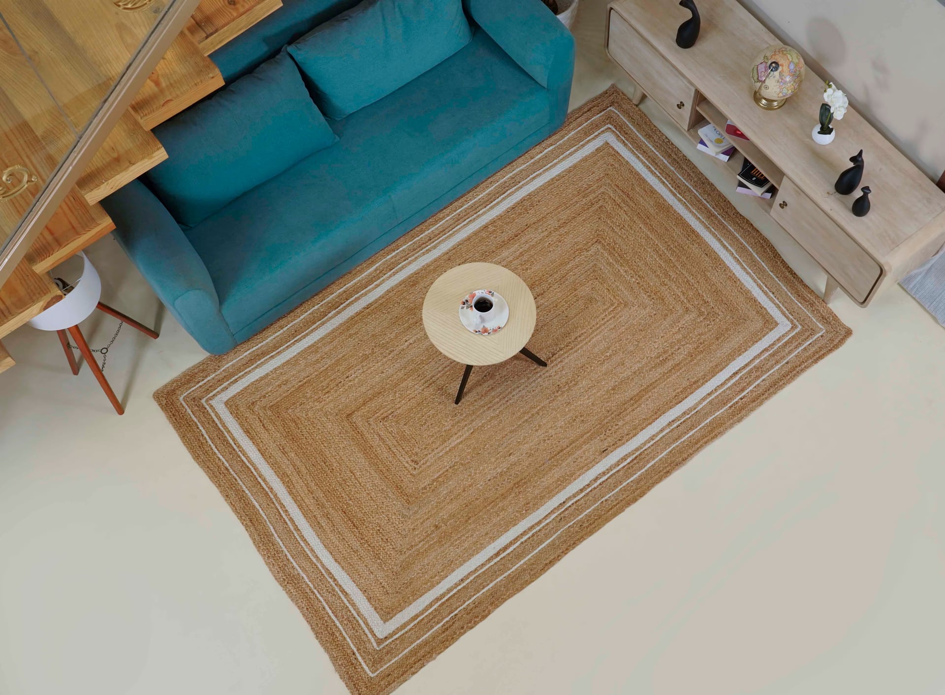 Natural Jute Runner Rug With White Triple Line Border
