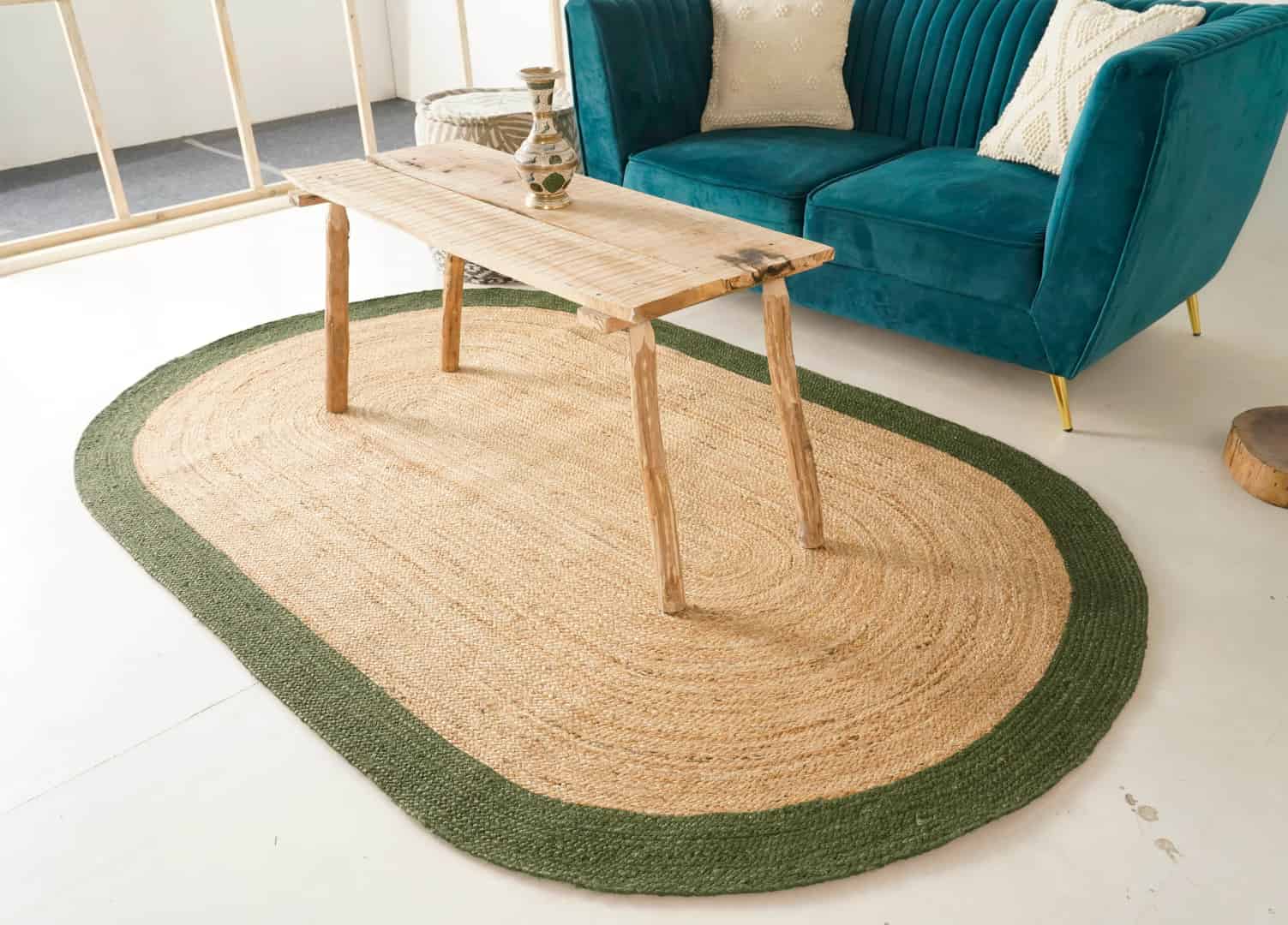 Indian Hand Braided Natural Oval Jute Rug with Dark Green Border - Image 2