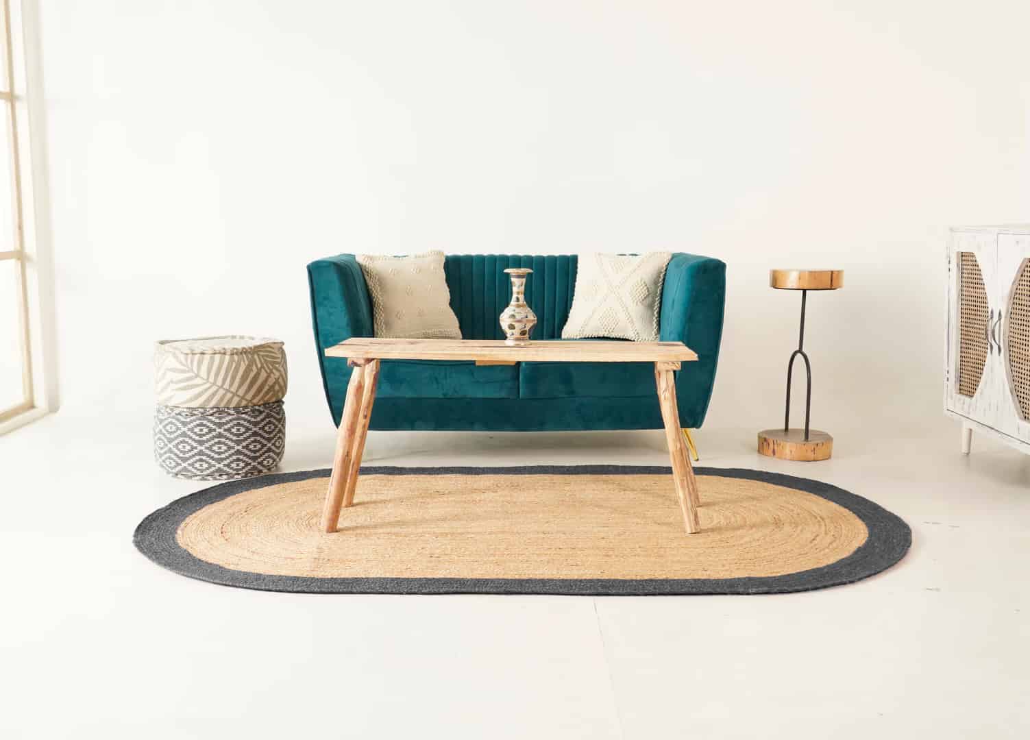 Indian Handmade Braided Oval Jute Rug Beige With Grey Border - Image 4