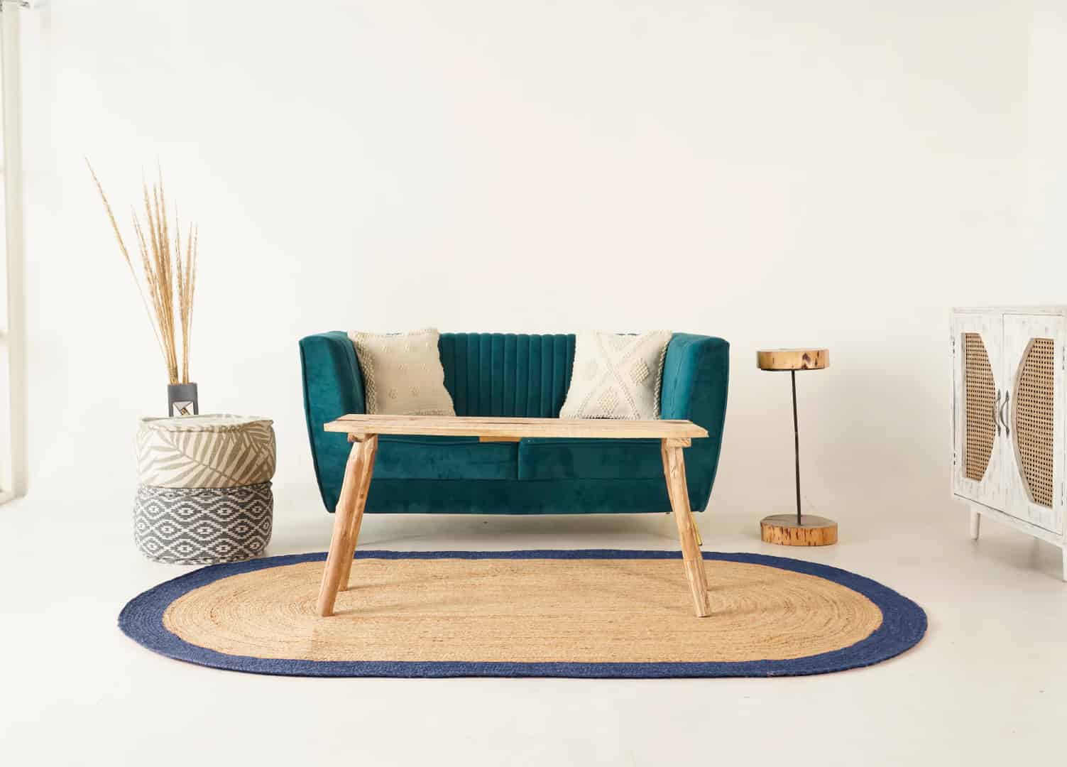 Hand Braided Oval Jute Rug Beige With Light Blue Border - Image 6