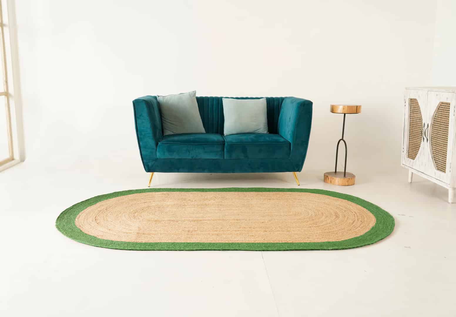 Hand Braided Natural Oval Rug With Light Green Border - Image 3