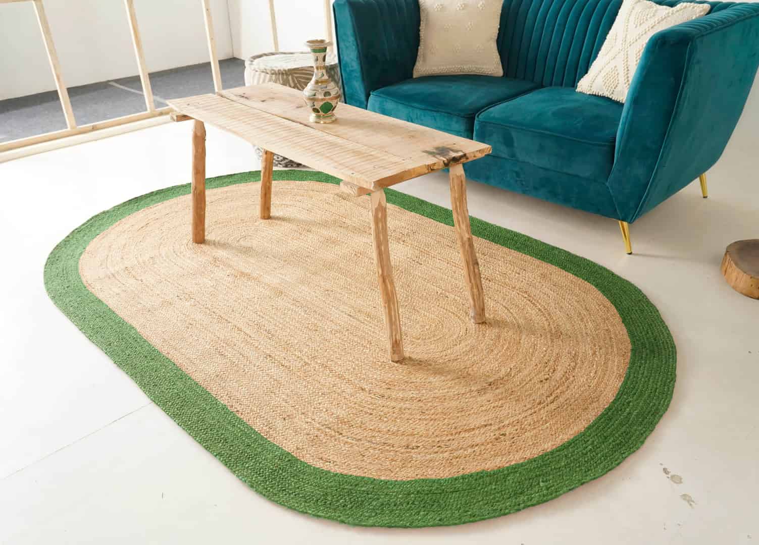 Hand Braided Natural Oval Rug With Light Green Border - Image 2