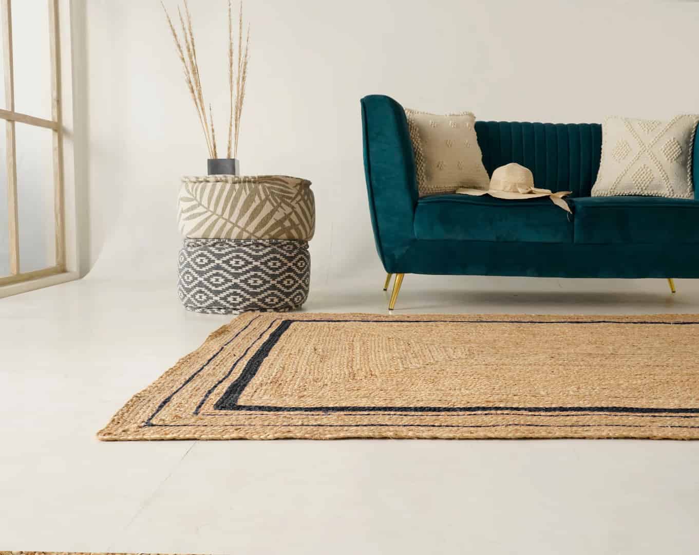 Hand Braided Rectangle Jute Rug Beige With Triple Line Black Border - Image 2