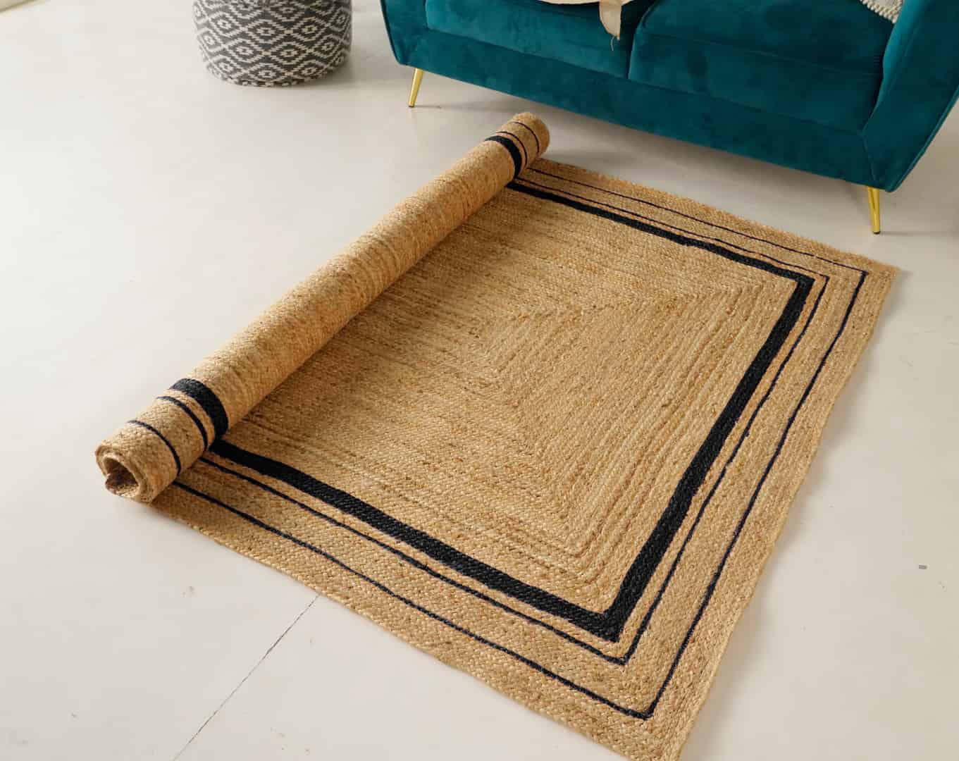 Hand Braided Rectangle Jute Rug Beige With Triple Line Black Border - Image 3