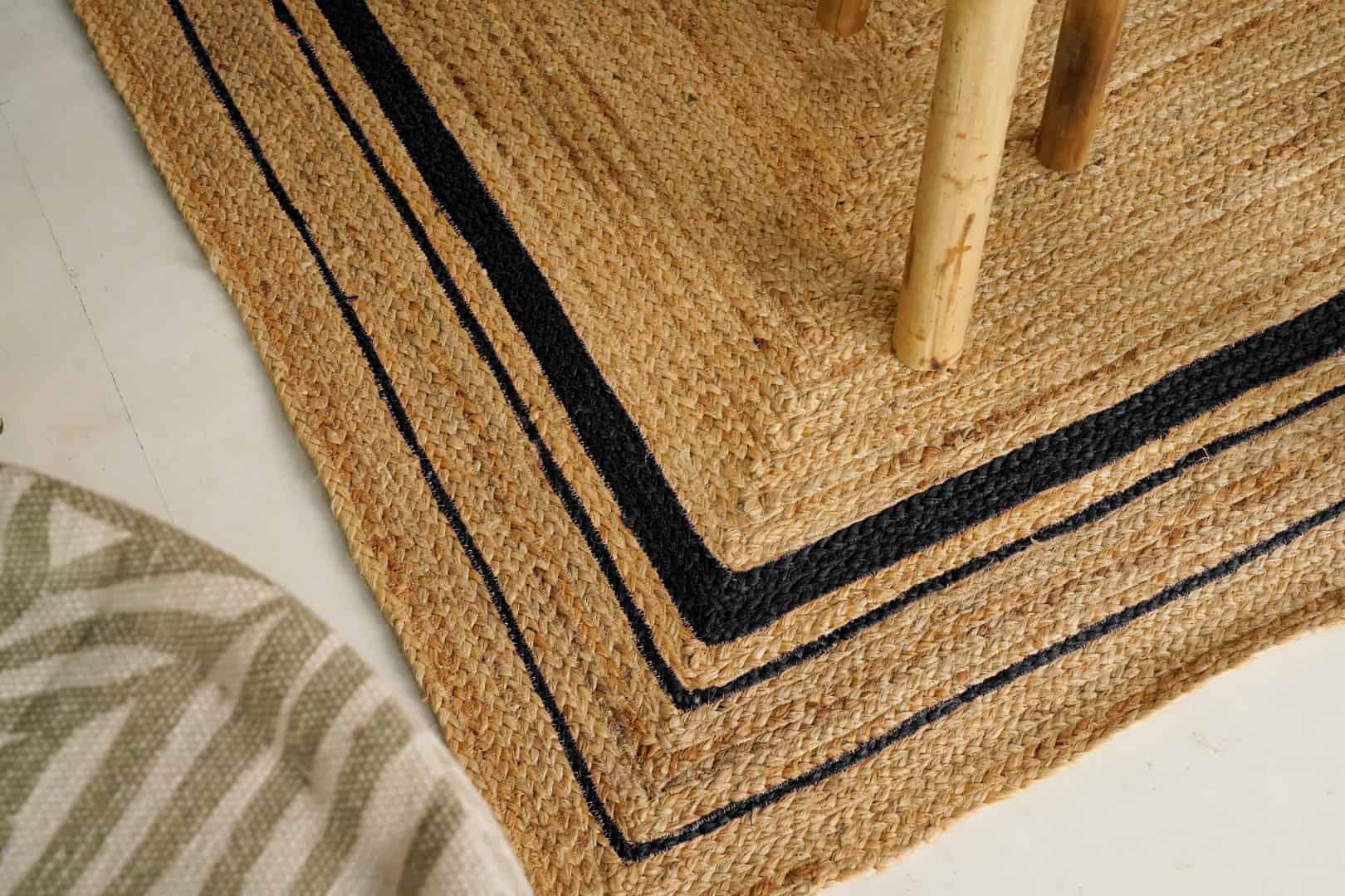 Hand Braided Rectangle Jute Rug Beige With Triple Line Black Border - Image 4
