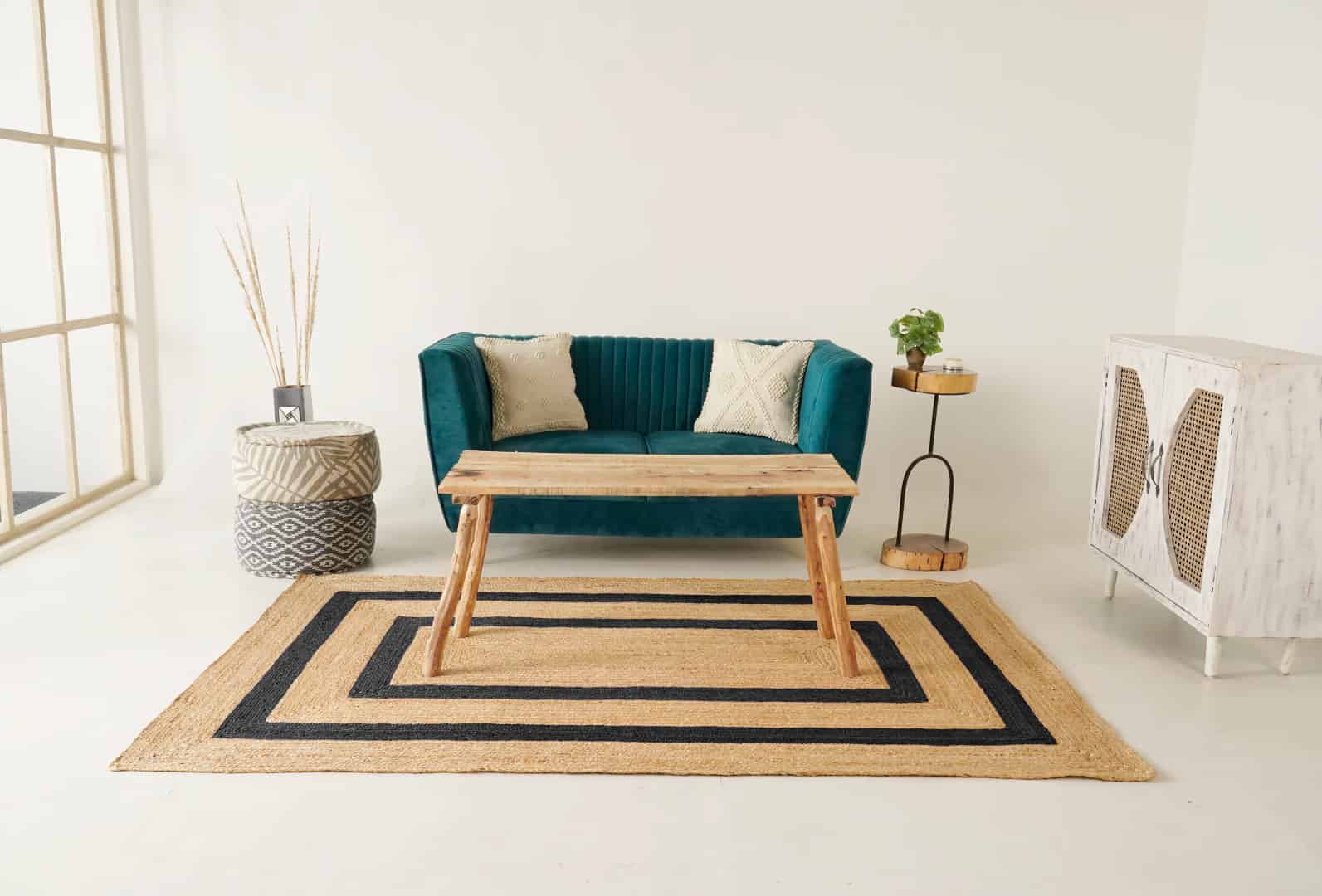 Eco Friendly Hand Braided Rectangle Jute Rug Beige With Black Double Line Border - Image 3