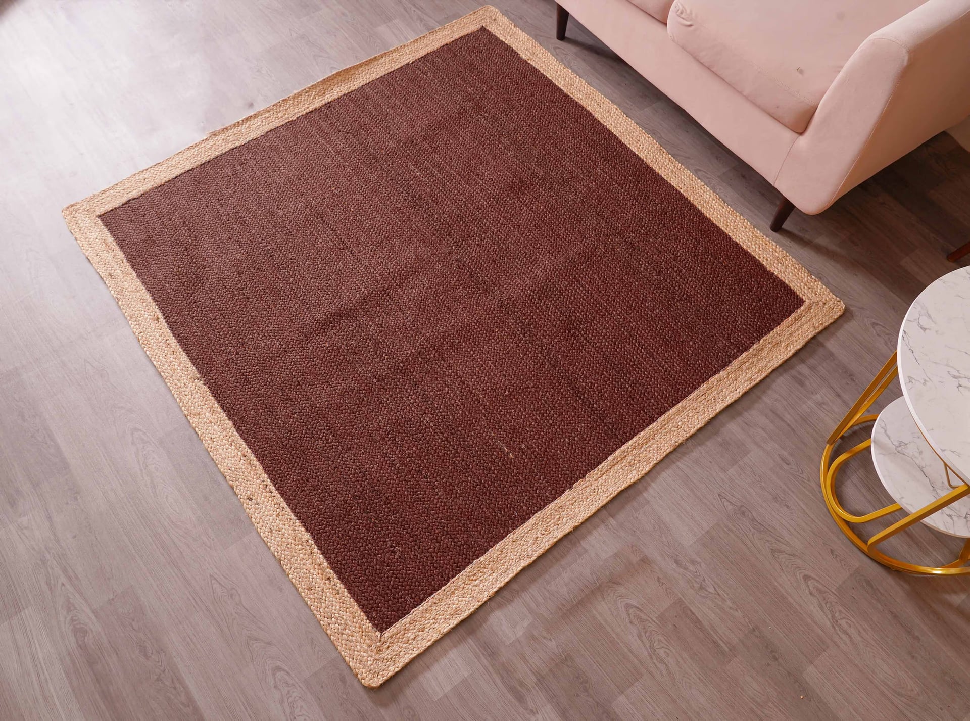 Hand Braided Rectangle Jute Rug Brown Color With Beige Border