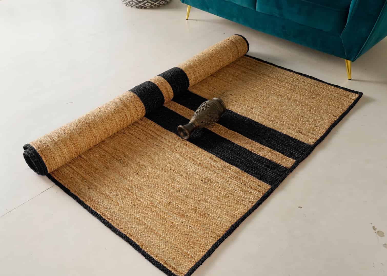 Hand Braided Rectangle Jute Rug Beige With Every Color Center Stripes Line - Image 4