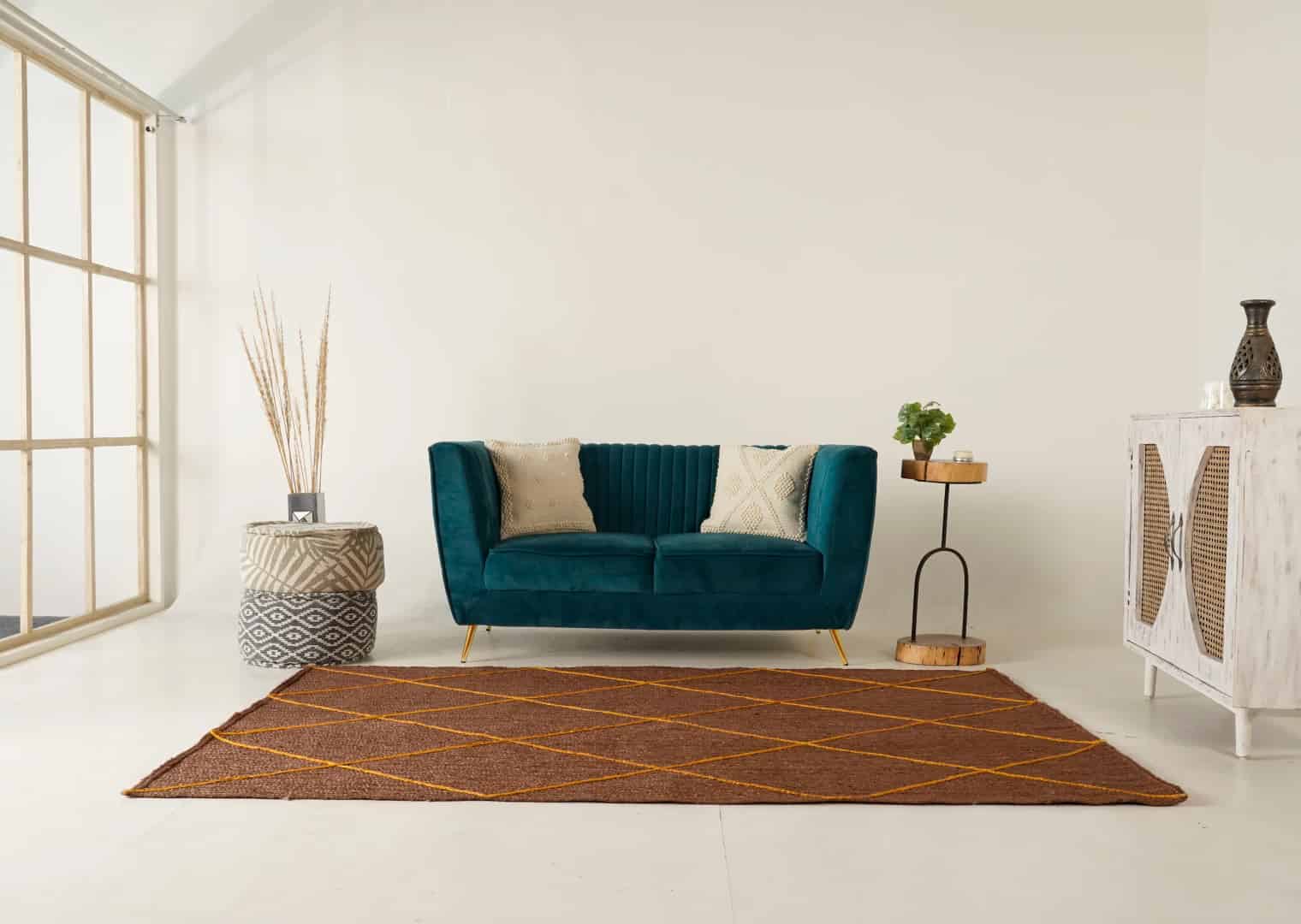 Hand Braided Rectangle Jute Rug Brown With Yellow Diamond Design Rug - Image 2