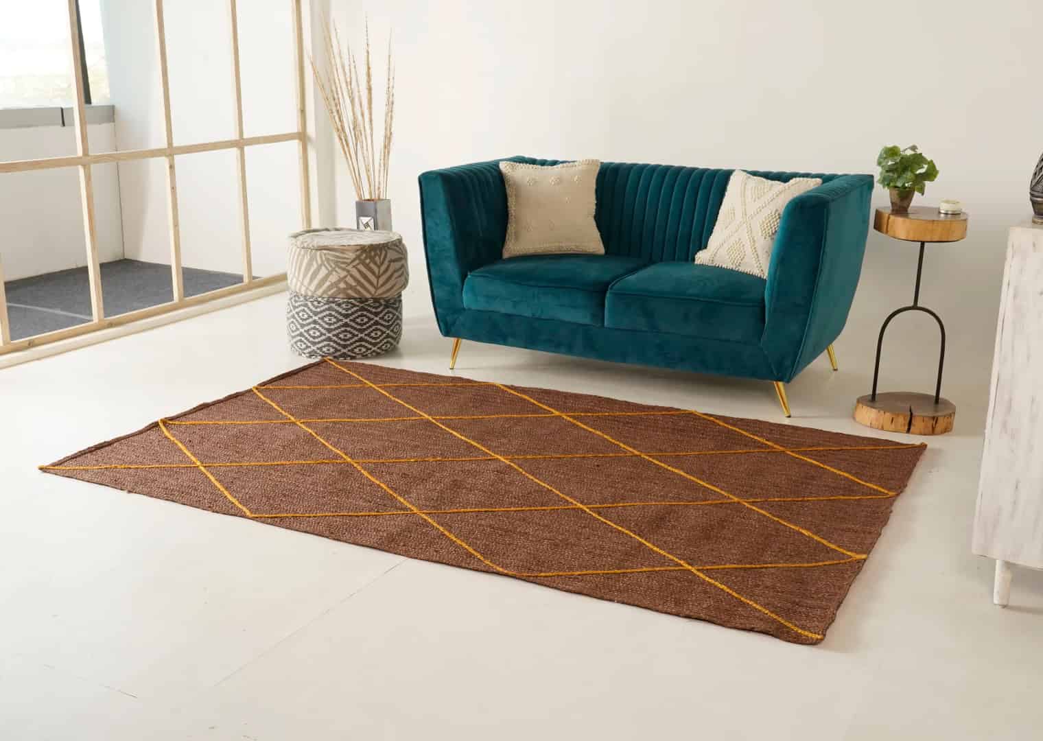 Hand Braided Rectangle Jute Rug Brown With Yellow Diamond Design Rug - Image 1