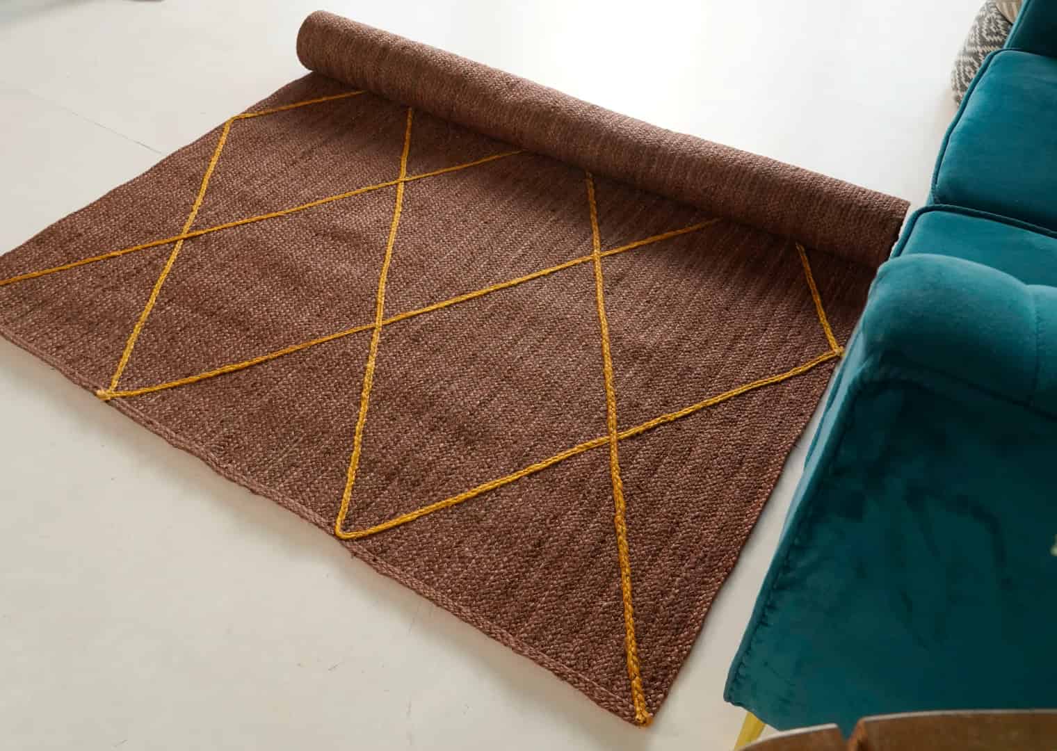 Hand Braided Rectangle Jute Rug Brown With Yellow Diamond Design Rug - Image 4