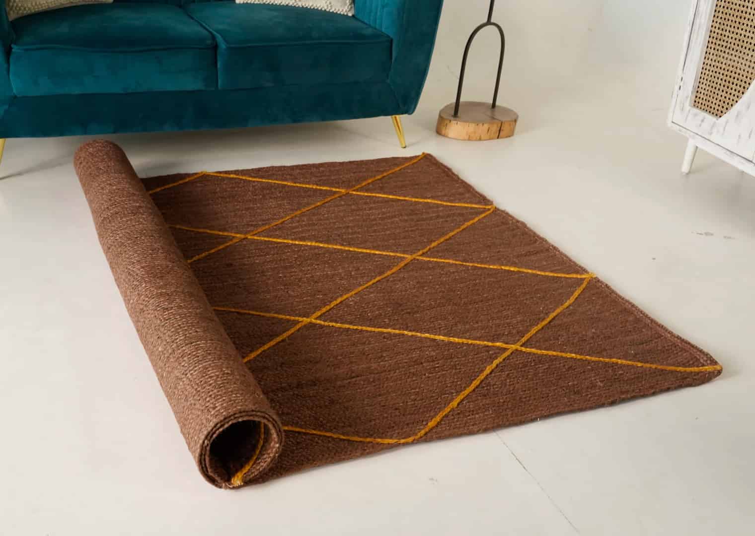 Hand Braided Rectangle Jute Rug Brown With Yellow Diamond Design Rug - Image 3