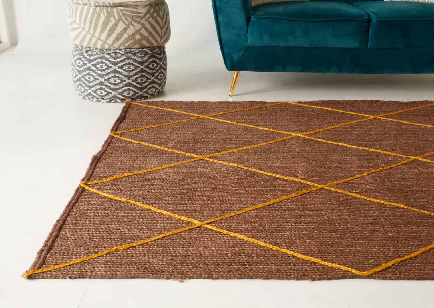 Hand Braided Rectangle Jute Rug Brown With Yellow Diamond Design Rug - Image 5