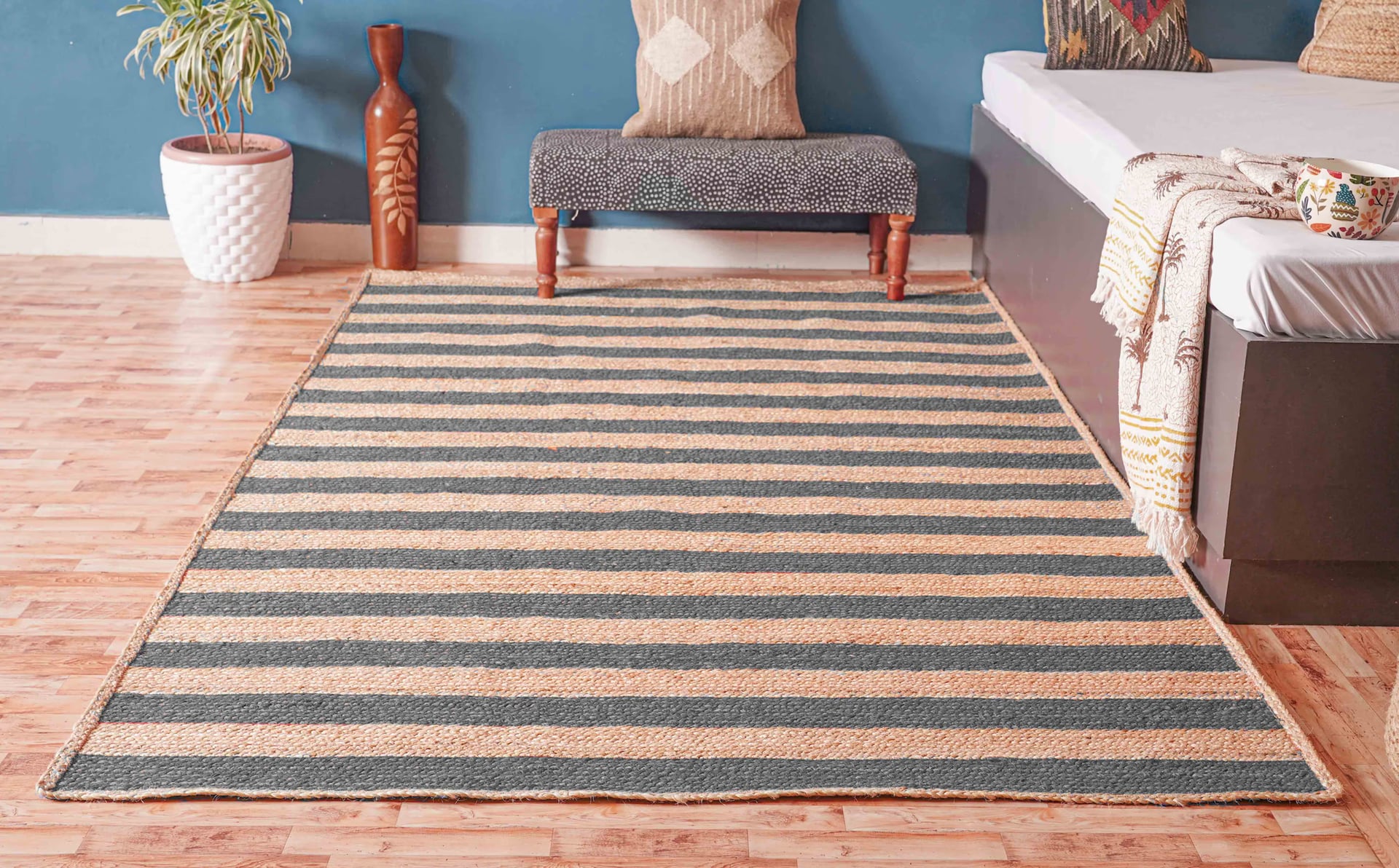 Hand Braided Rectangle Jute Rug Beige With Grey Stripes