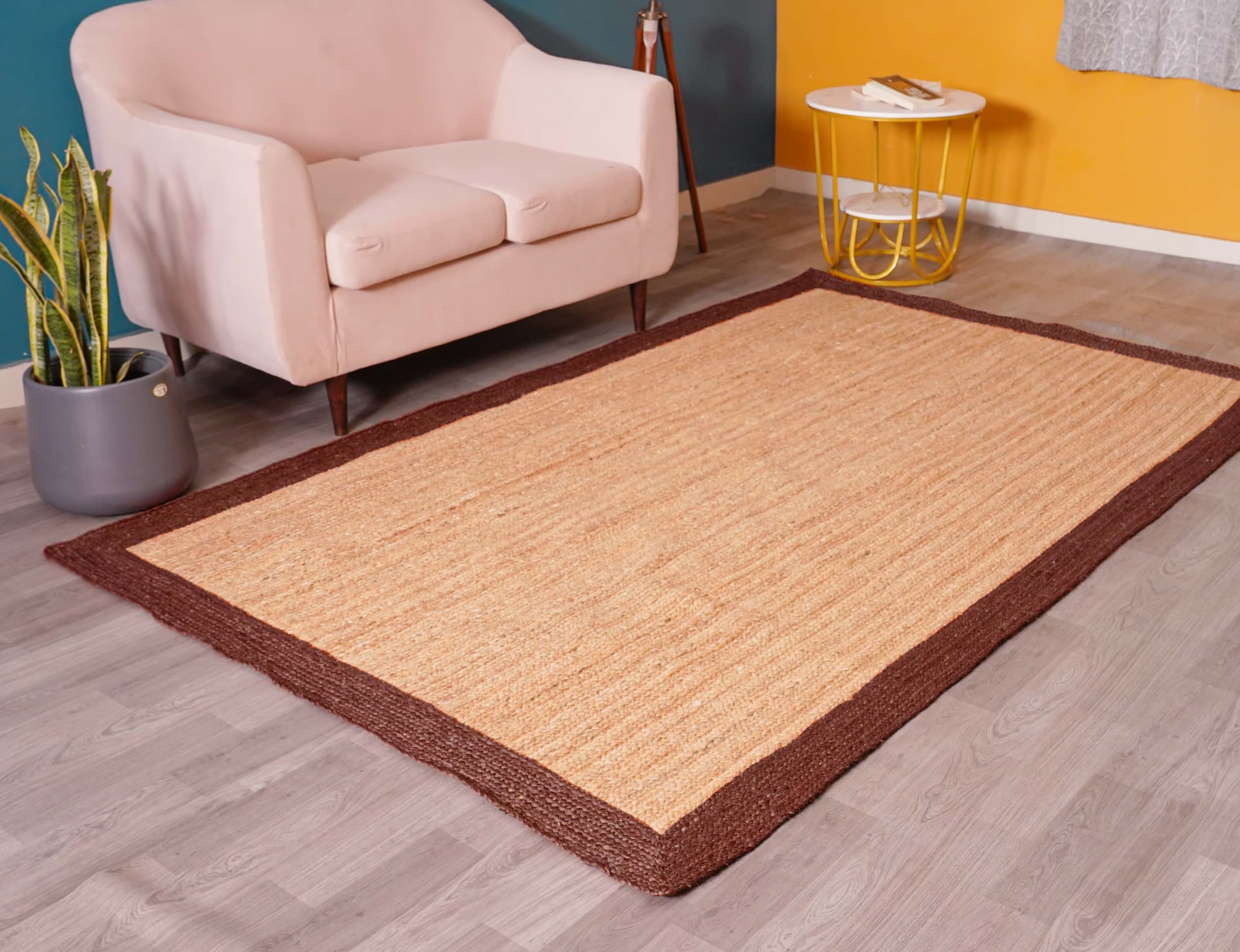 Indian Hand Braided Rectangle Jute Rug Beige With Brown Border