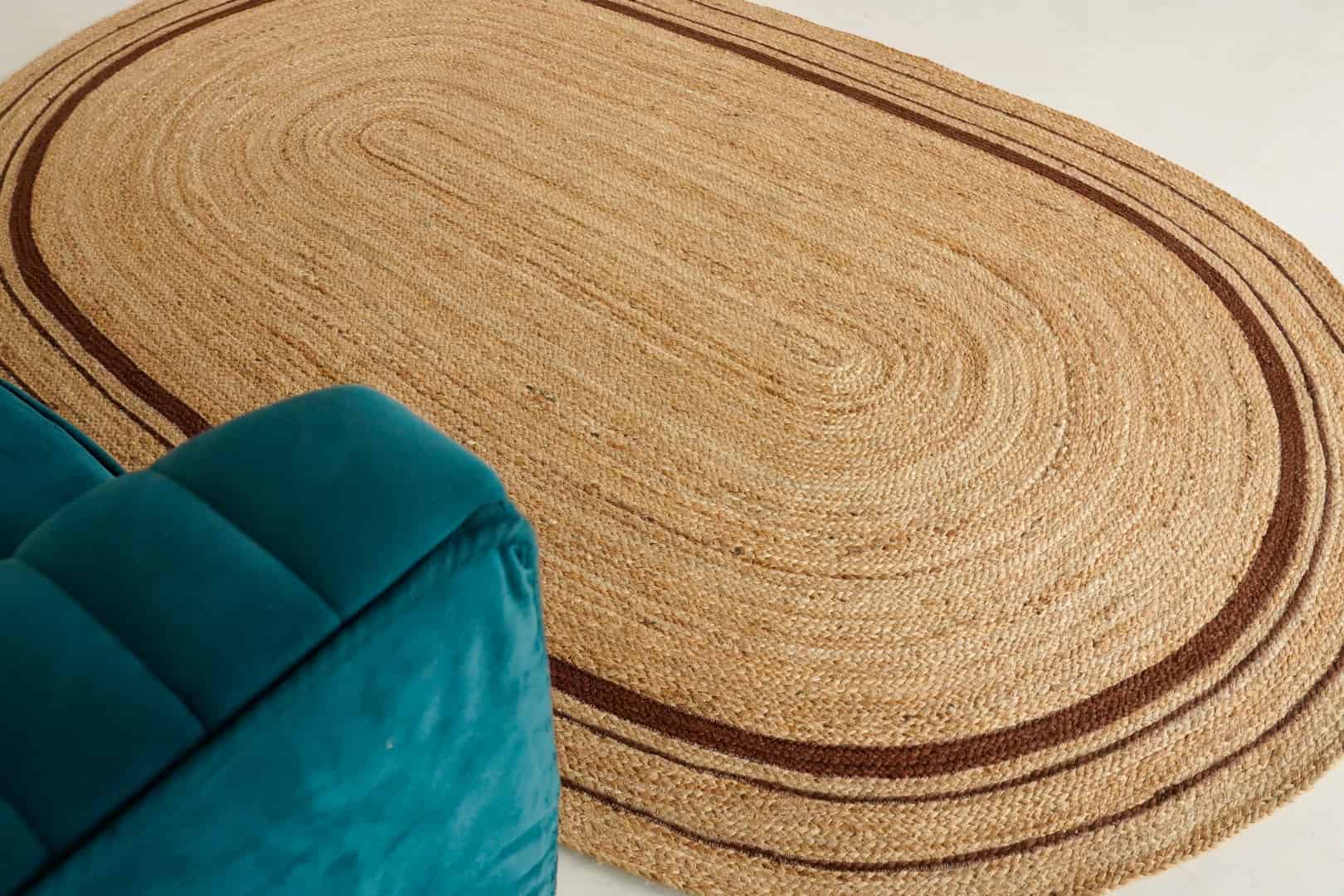 Traditional Hand Braided Natural Oval Jute Rug With Triple Line Multicolor Boder - Image 4