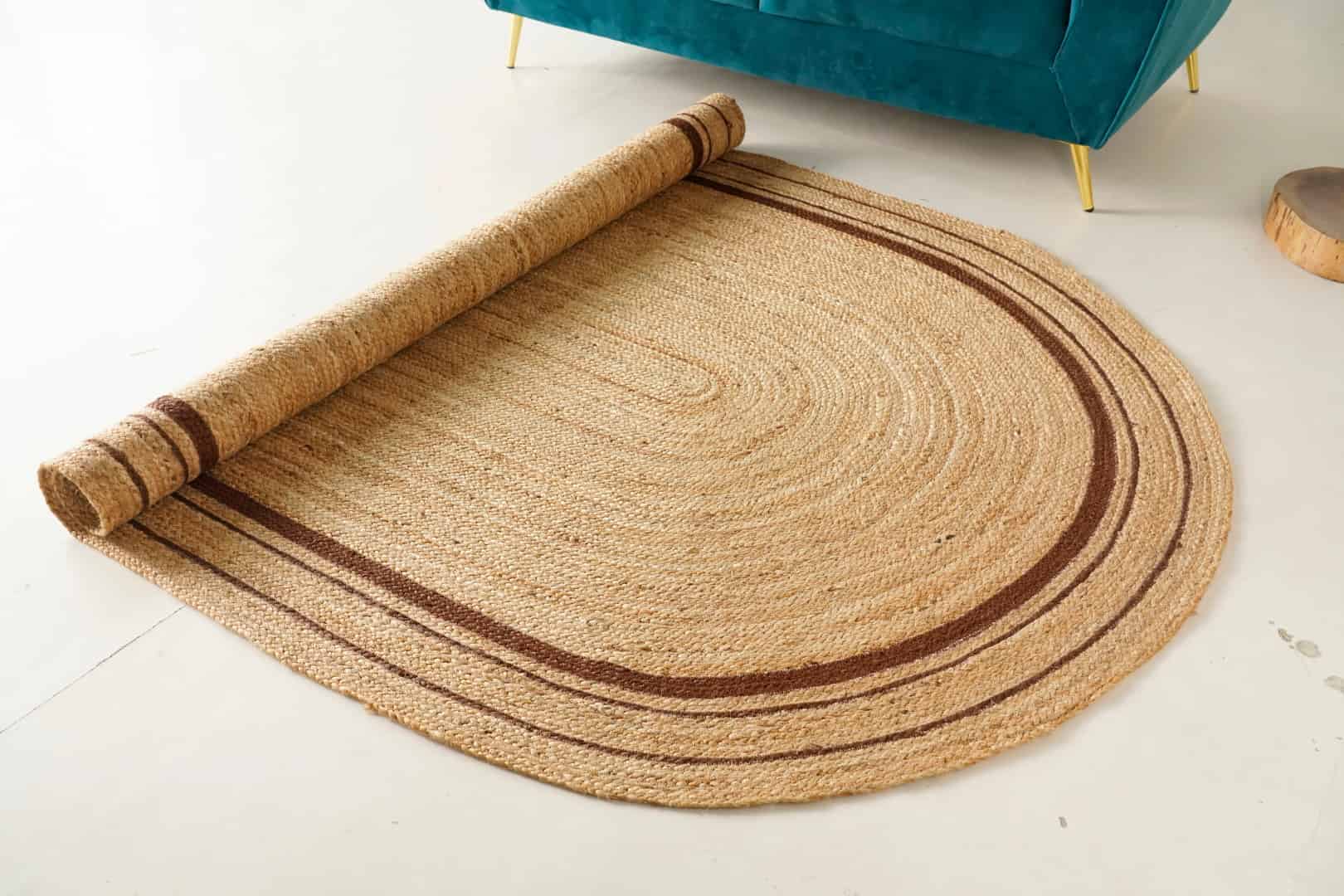 Traditional Hand Braided Natural Oval Jute Rug With Triple Line Multicolor Boder - Image 5