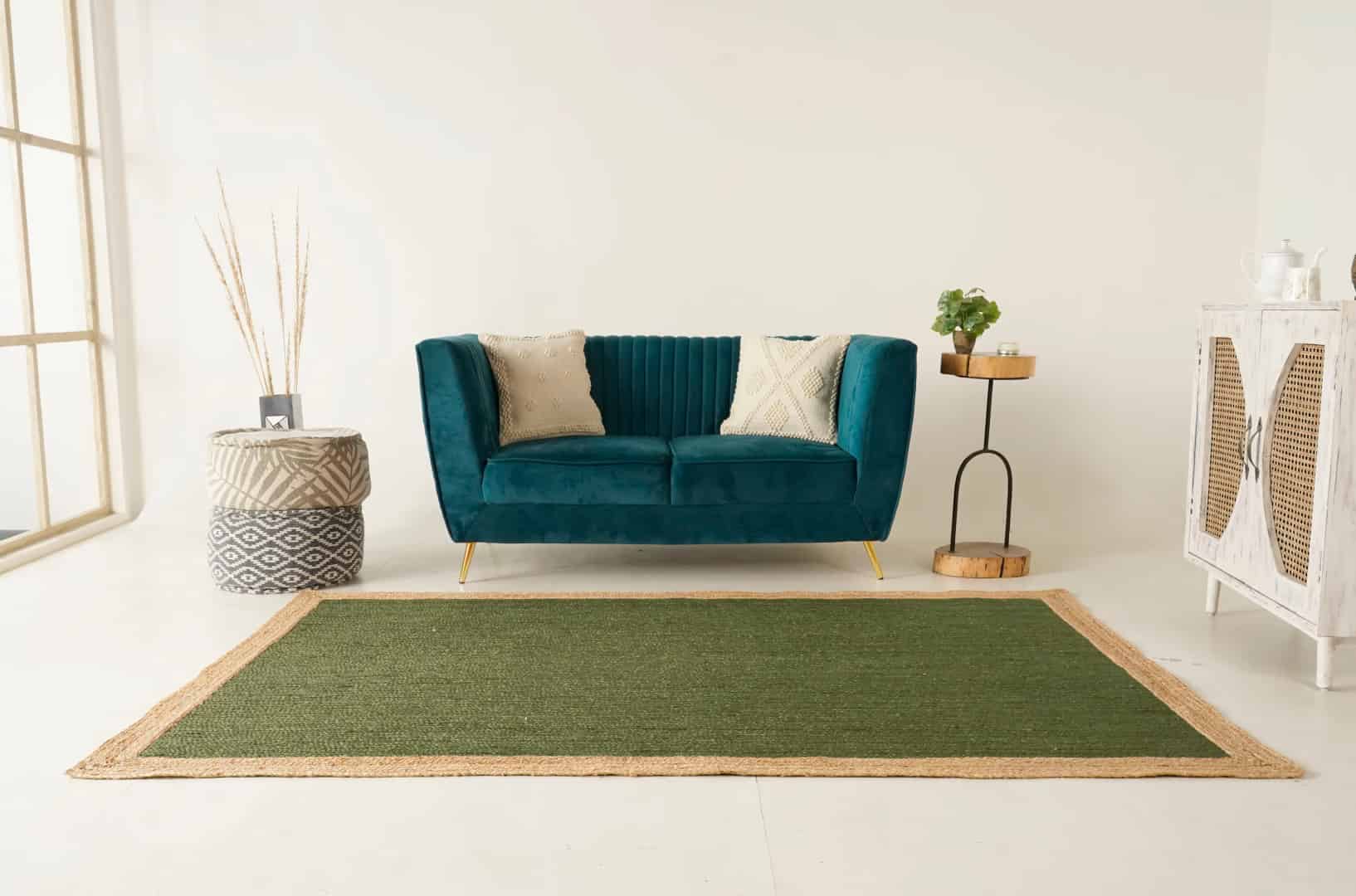 Hand Braided Rectangle Jute Rug Dark Green With Beige Border - Image 3