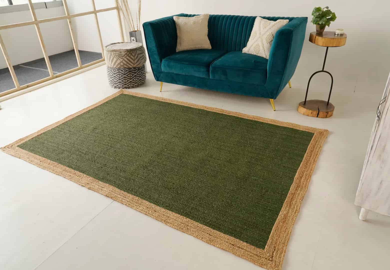 Hand Braided Rectangle Jute Rug Dark Green With Beige Border - Image 2