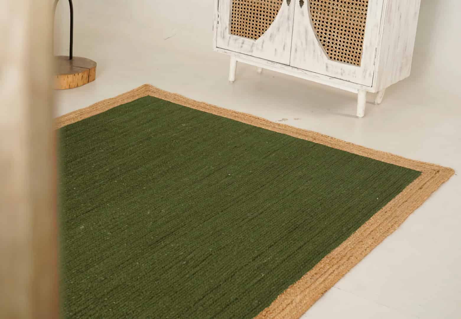 Hand Braided Rectangle Jute Rug Dark Green With Beige Border - Image 6