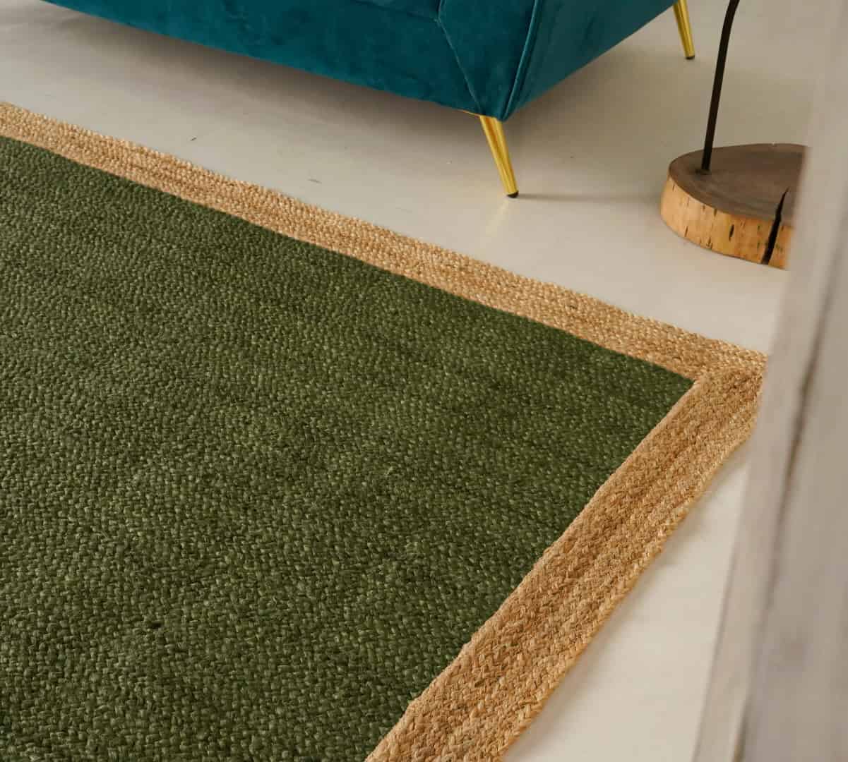 Hand Braided Rectangle Jute Rug Dark Green With Beige Border - Image 7