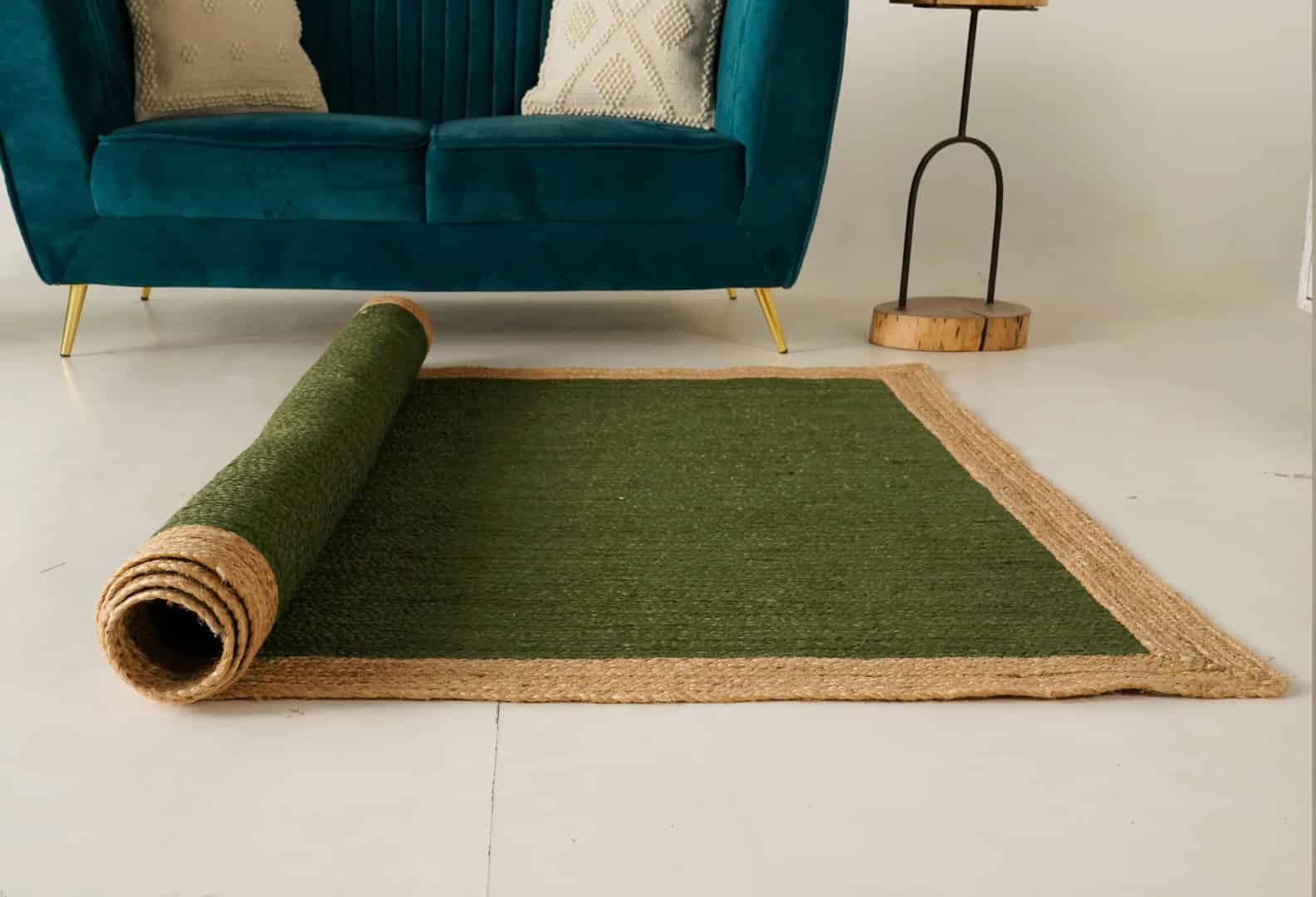 Hand Braided Rectangle Jute Rug Dark Green With Beige Border - Image 4