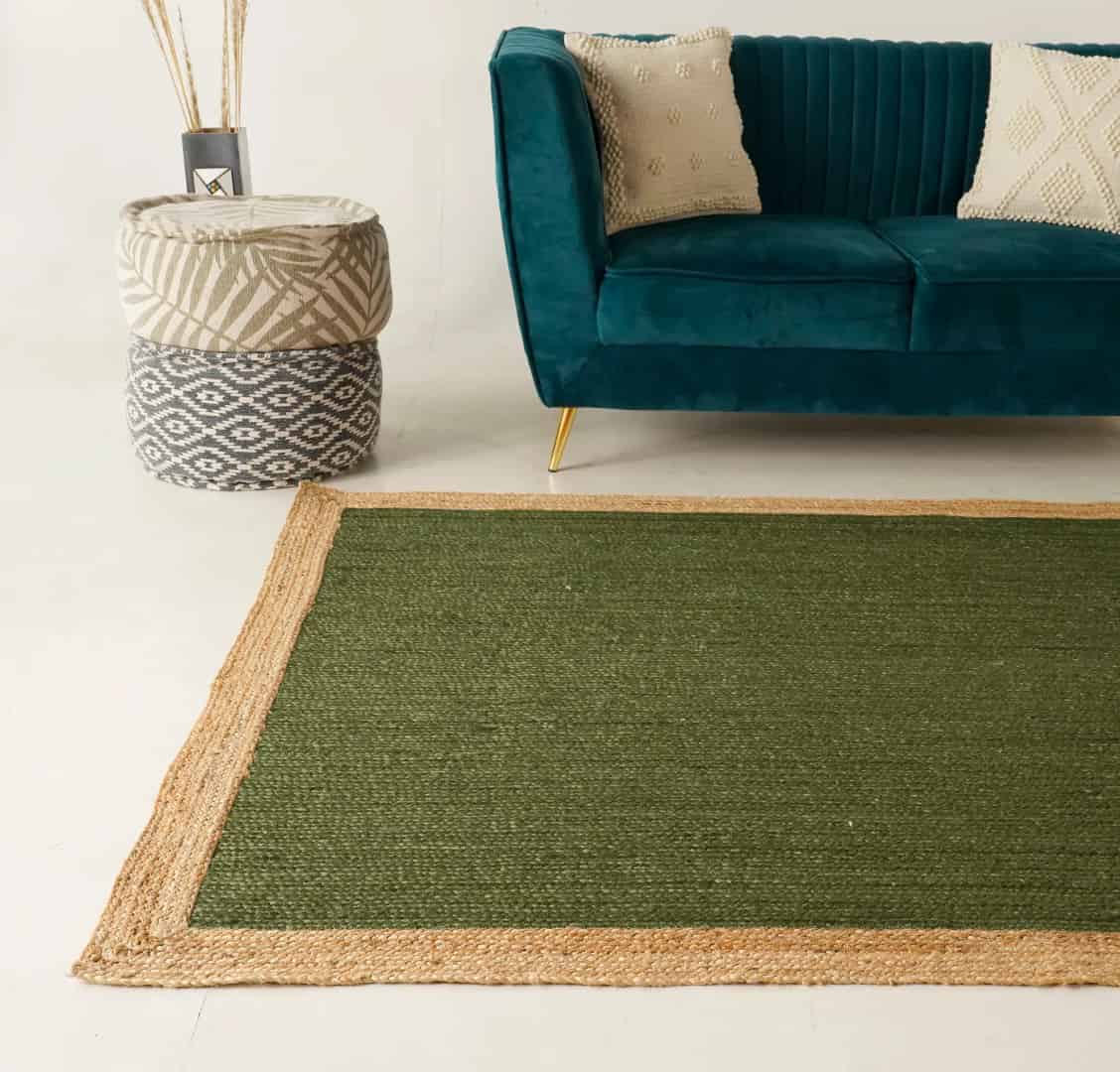 Hand Braided Rectangle Jute Rug Dark Green With Beige Border - Image 5