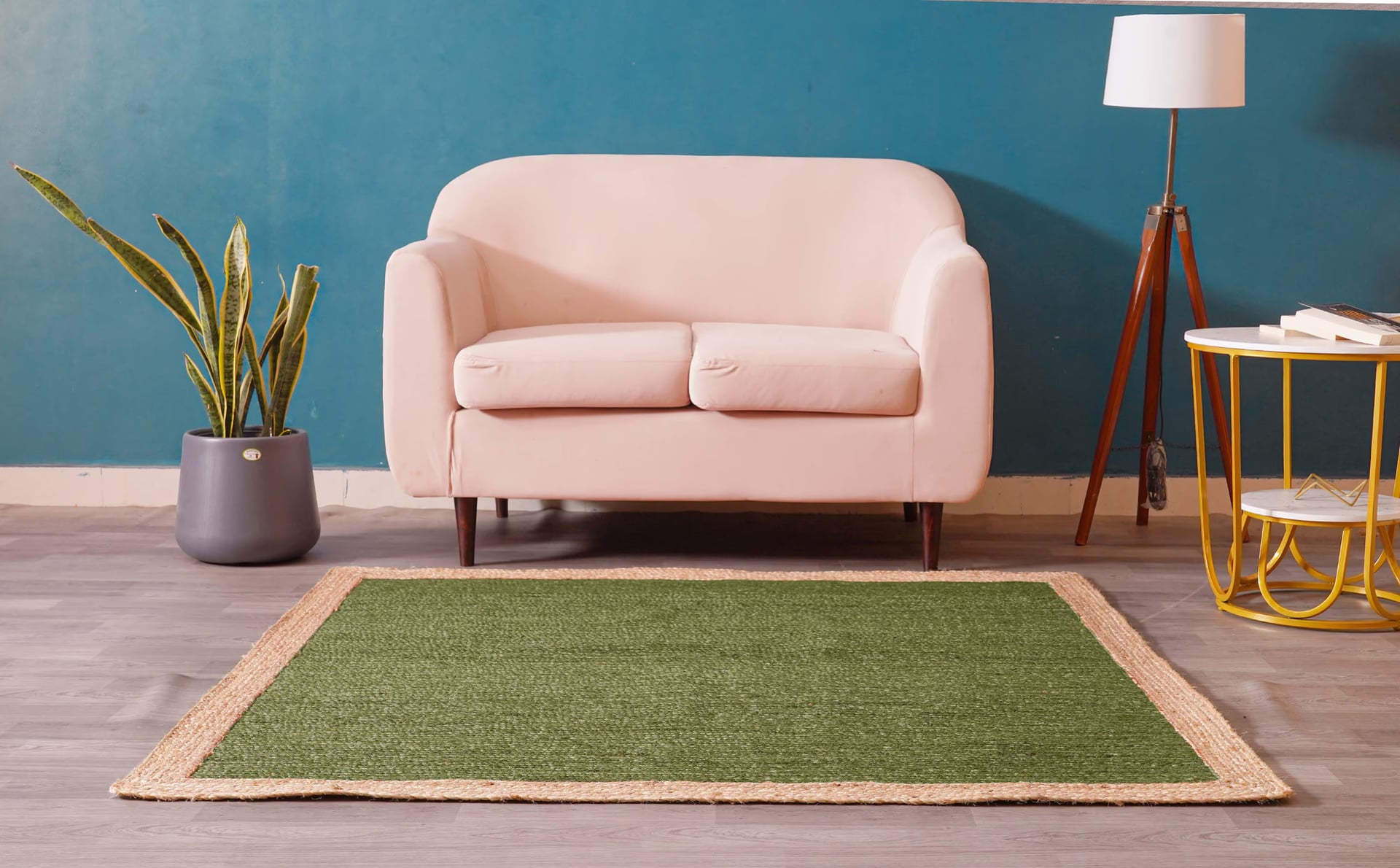 Hand Braided Rectangle Jute Rug Dark Green With Beige Border