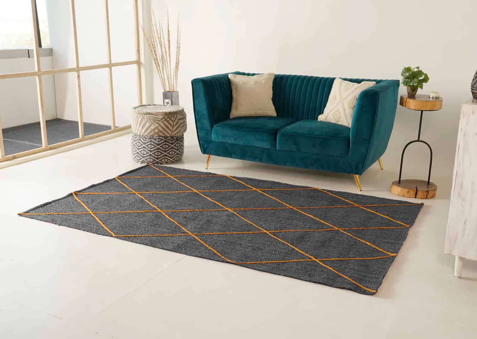 Hand Braided Grey Jute Rug With Yellow Diamond Desing Rug - Image 1