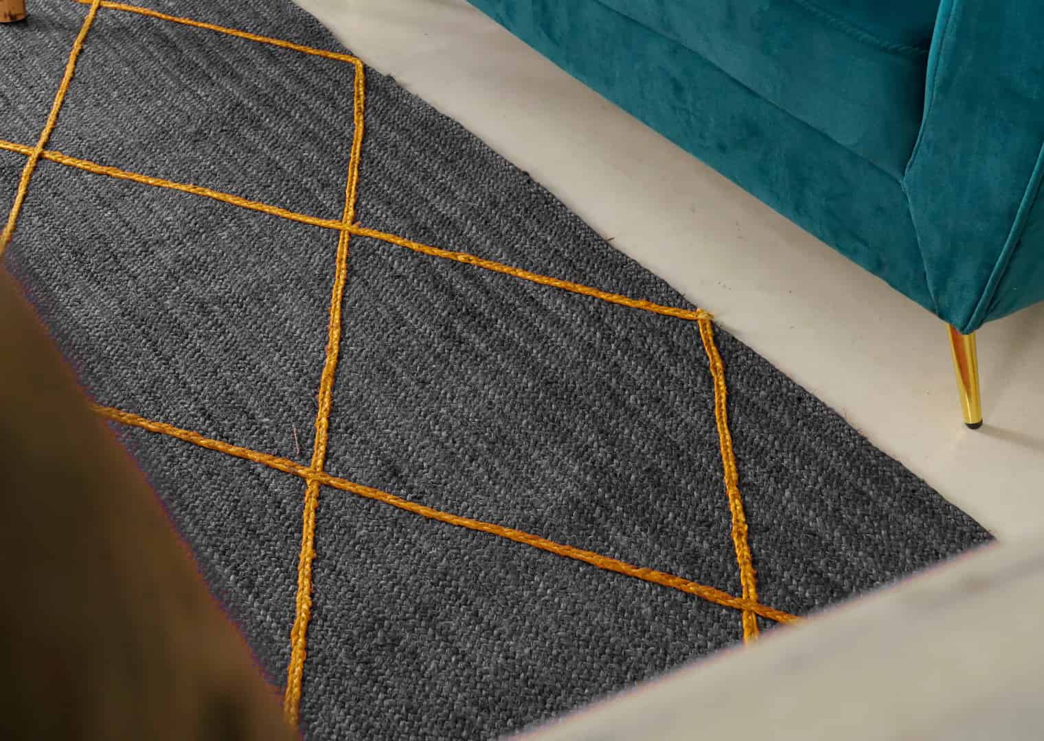 Hand Braided Grey Jute Rug With Yellow Diamond Desing Rug - Image 3