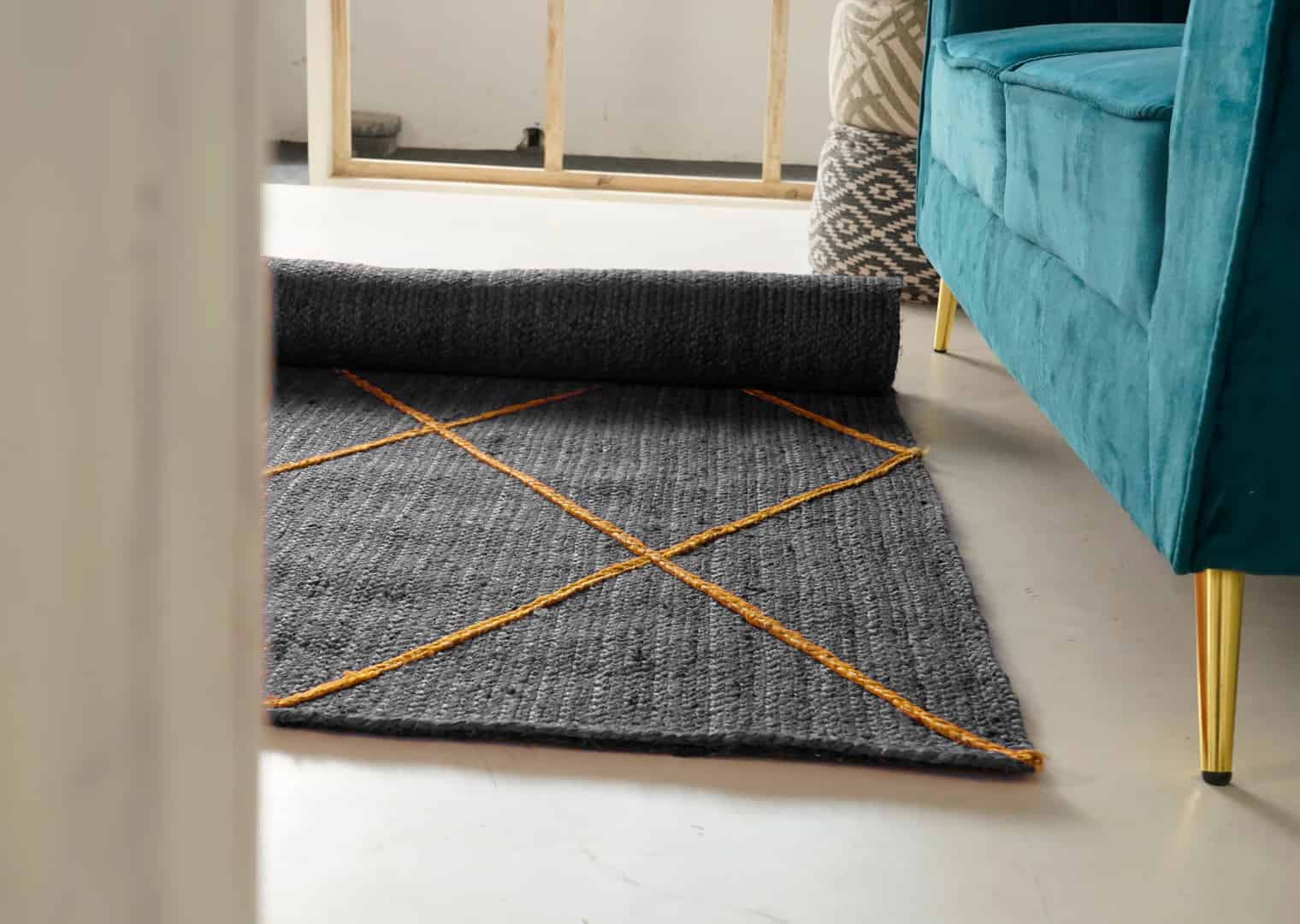 Hand Braided Grey Jute Rug With Yellow Diamond Desing Rug - Image 5