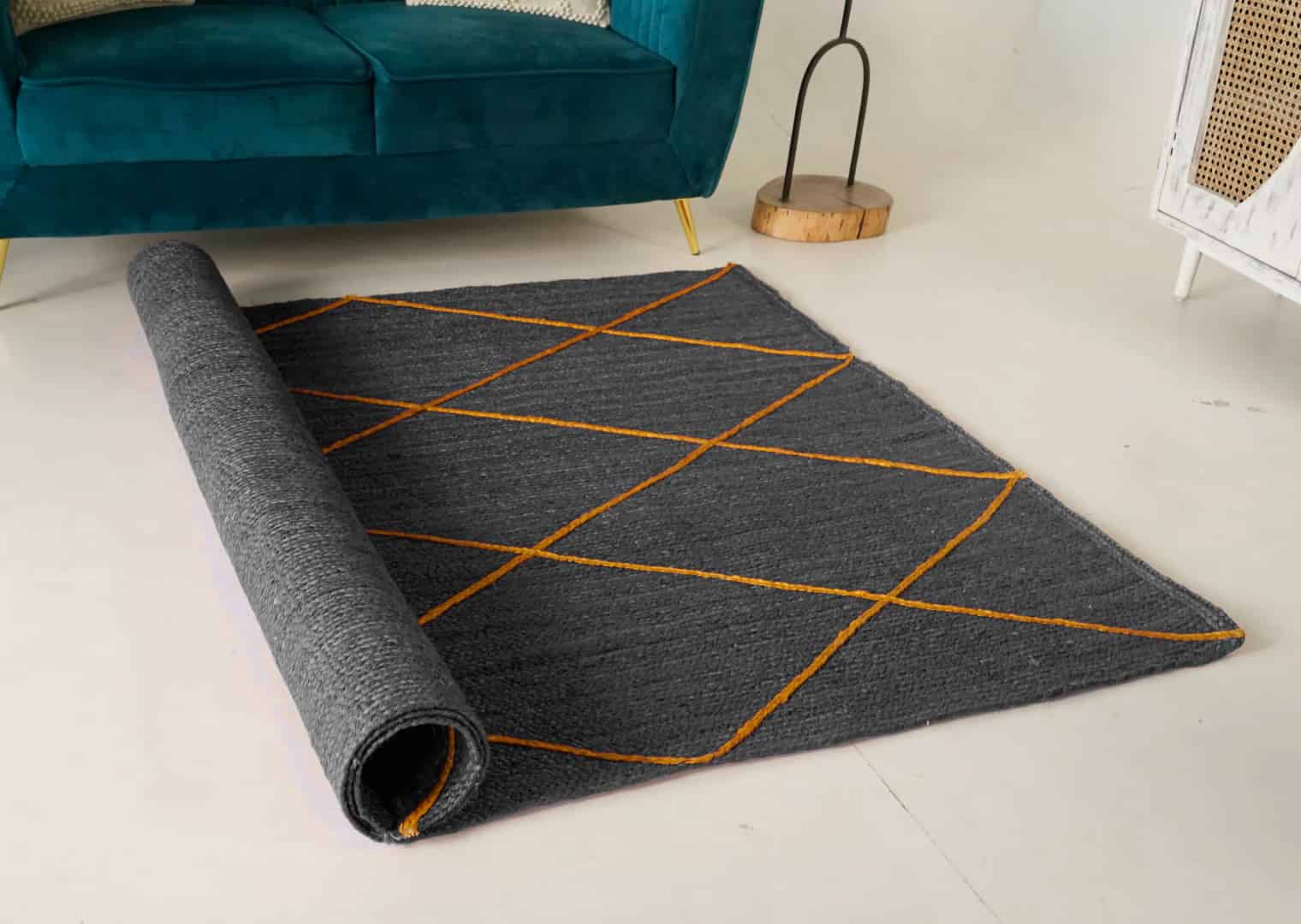 Hand Braided Grey Jute Rug With Yellow Diamond Desing Rug - Image 6