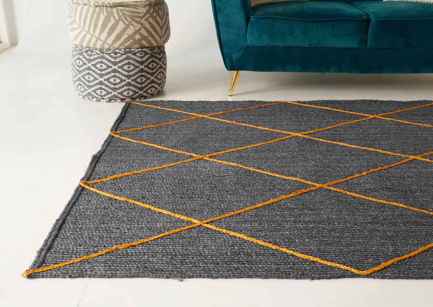 Hand Braided Grey Jute Rug With Yellow Diamond Desing Rug - Image 7