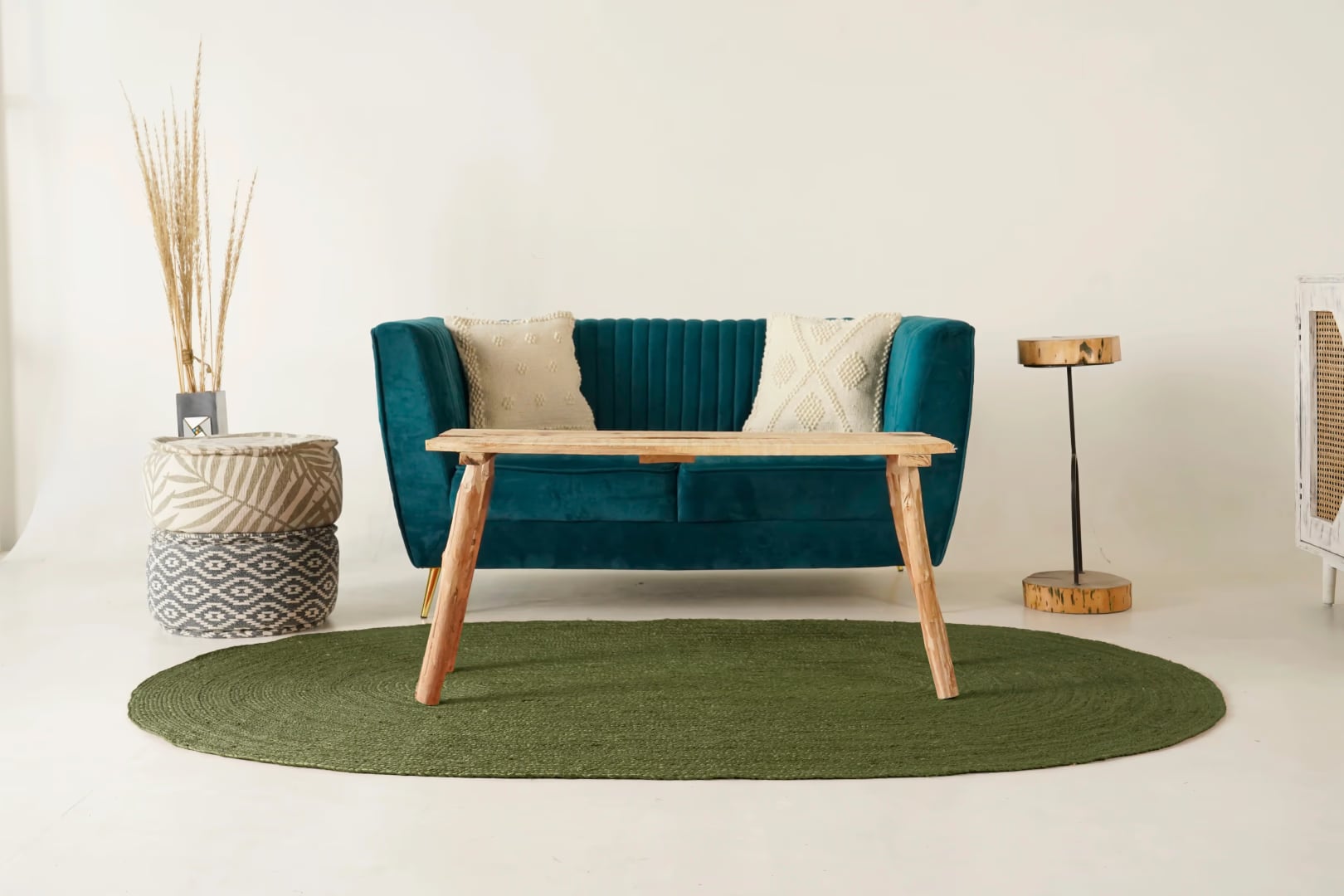 Indian Hand Crafted Braided Oval Jute Rug Green Color