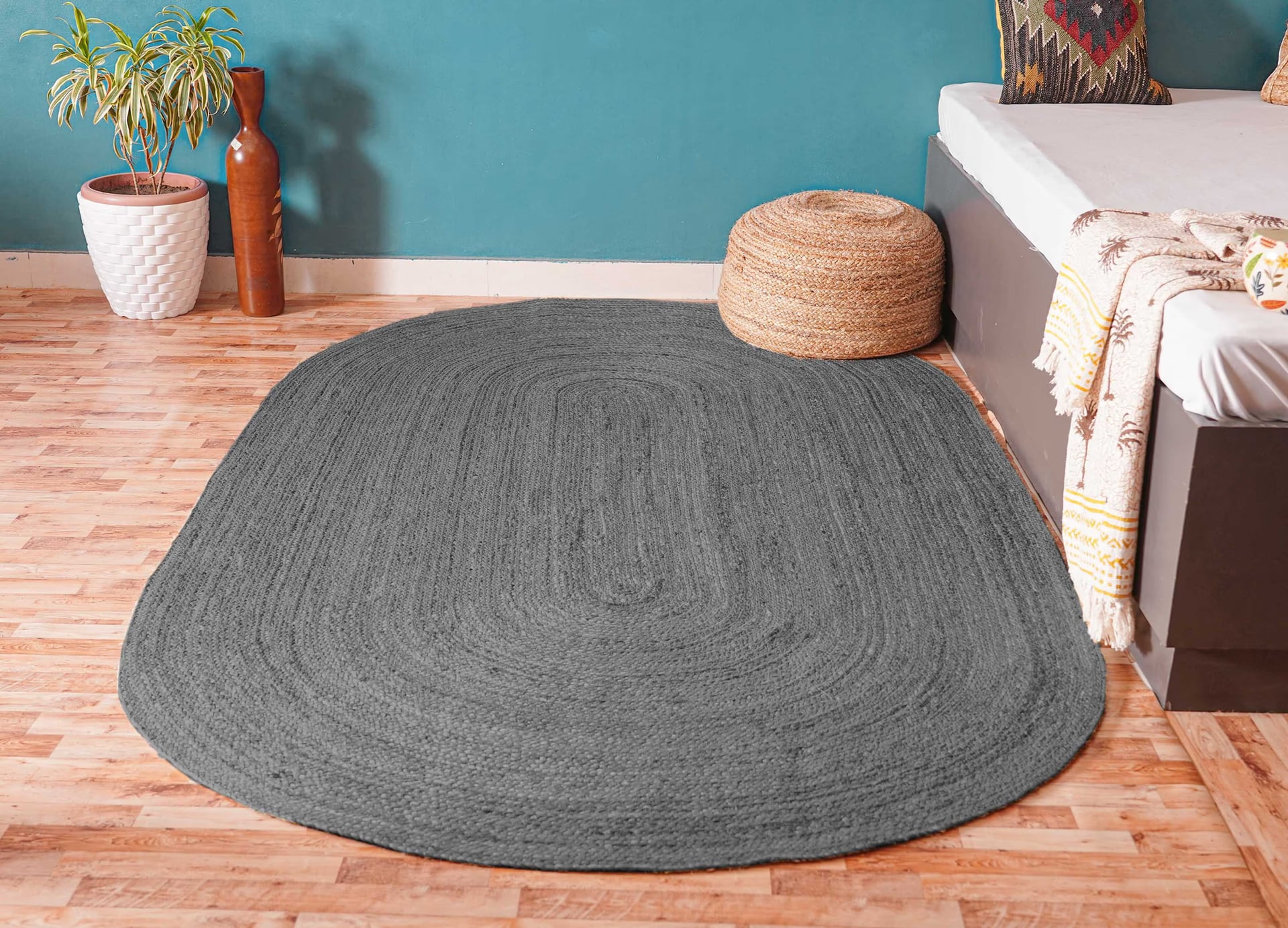 Indian Village Hand Braided Oval Jute Rug Grey Color