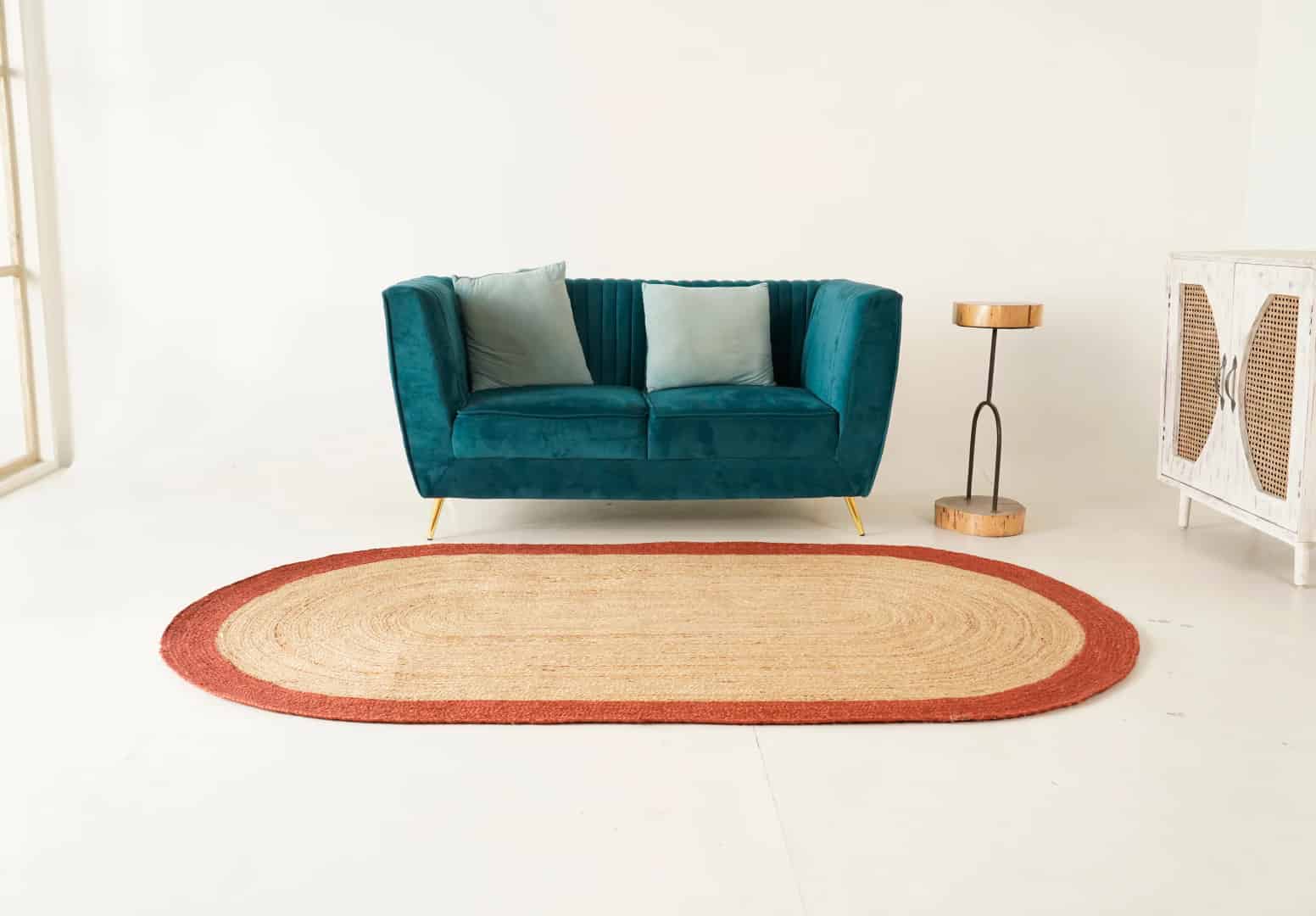 Eco Friendly Hand Braided Natural Oval Jute Rug With Red Border - Image 3