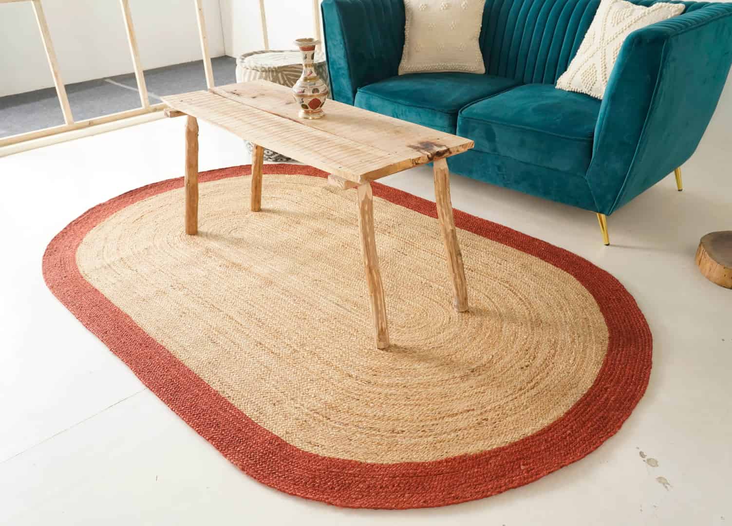 Eco Friendly Hand Braided Natural Oval Jute Rug With Red Border - Image 2