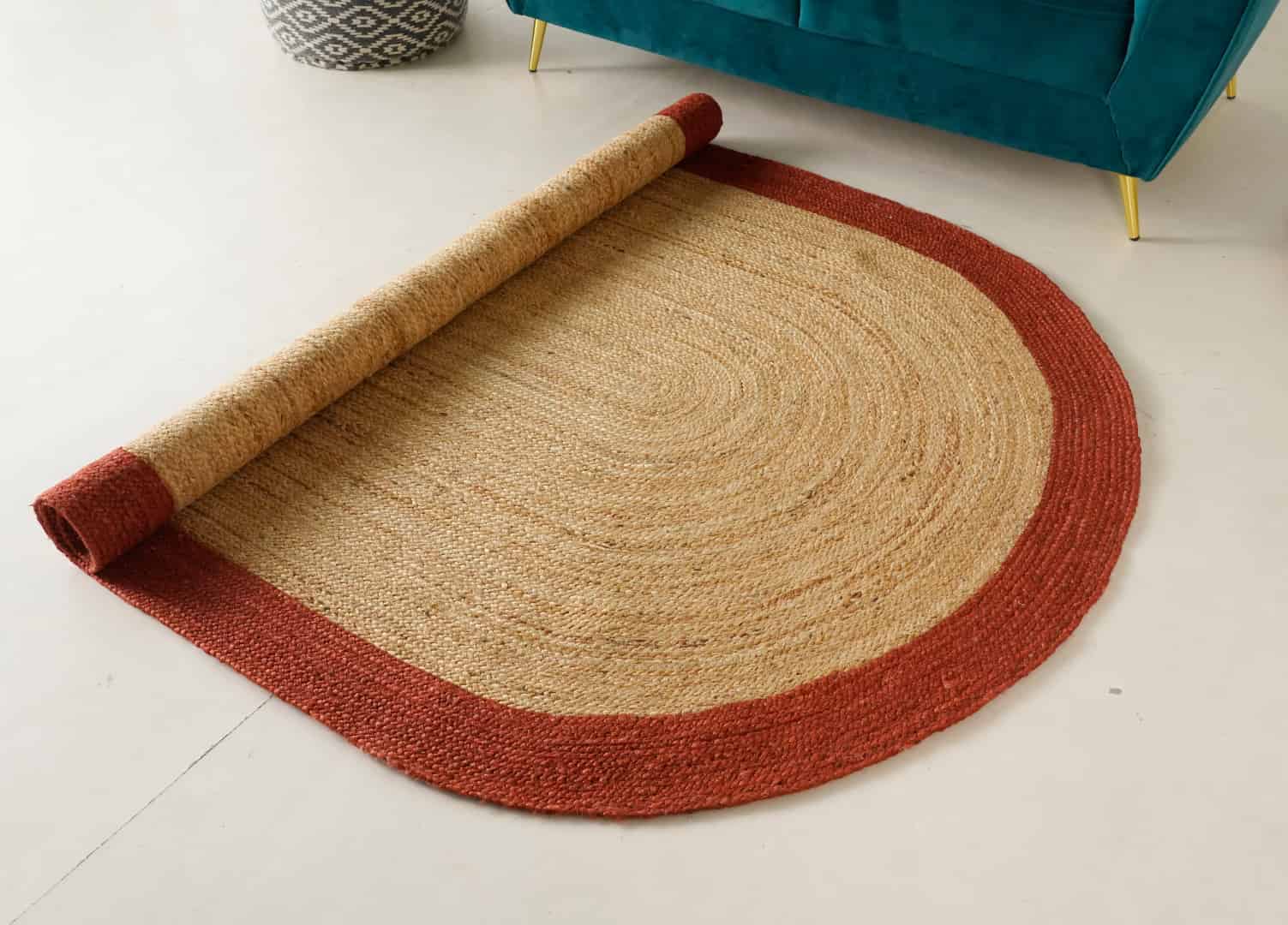 Eco Friendly Hand Braided Natural Oval Jute Rug With Red Border - Image 6