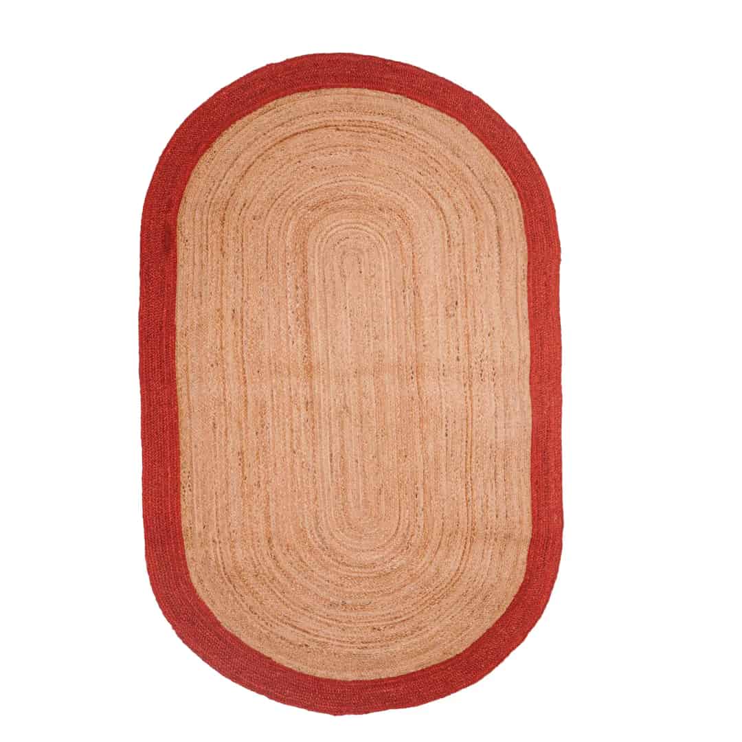 Eco Friendly Hand Braided Natural Oval Jute Rug With Red Border - Image 1