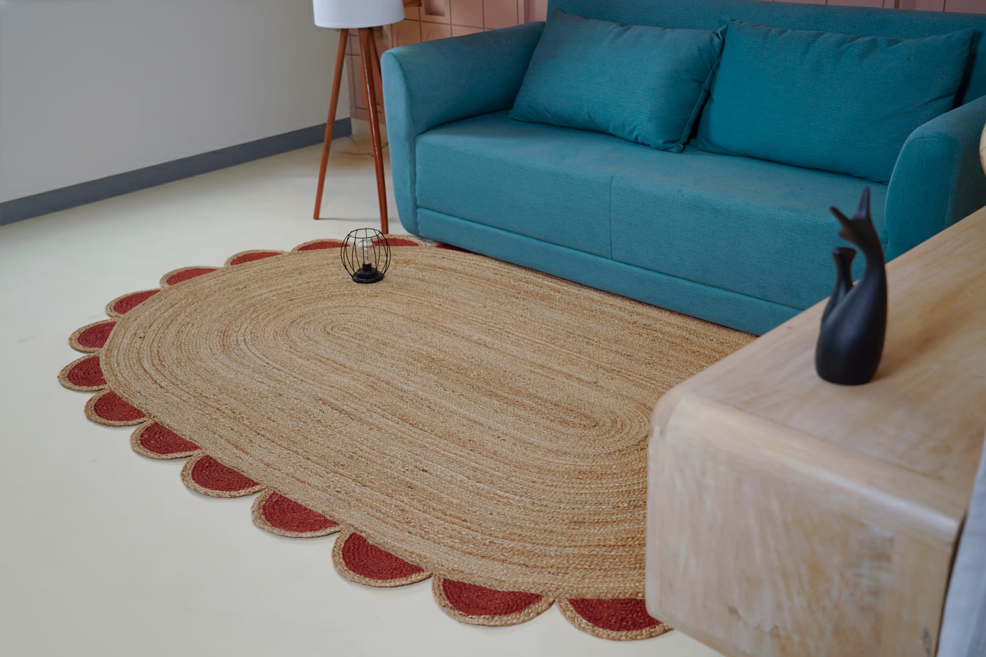Eco Friendly Hand Braided Natural Oval Jute Rug With Red Border